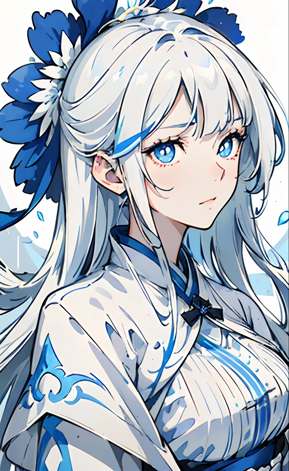 Mature girl, white hair, (blue-streaked white hair), floating hair, delicate eyes, blue pupils, heroine, blue and white antique damask hanfu, FOV, f1.8, masterpiece, complex scene, (portrait shot), (front shot), dominant blue outfit, right front bangs, asymmetrical hair, glowing eyes, falling petals
