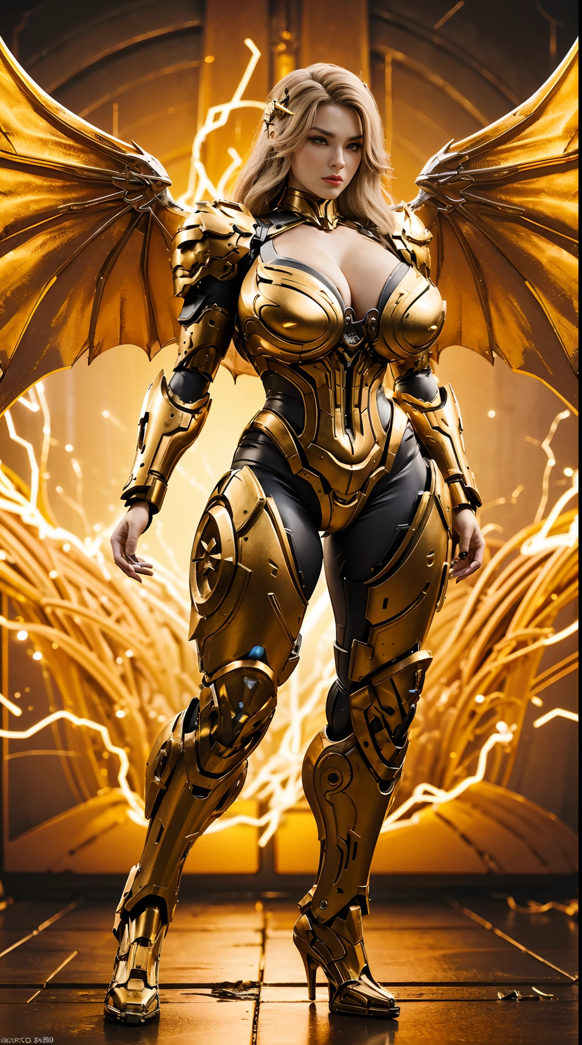 (DRAGON HEAD), HUGE FAKE BOOBS, (BEAUTIFUL FACE), (GOLD:1.2, BLACK:0.8, MECHA ARMORED GEAR), (((A PAIR OF HUGE MECHANICAL WINGS SPREAD OUT))), FUTURISTIC DRAGON MECHA SUIT, (CLEAVAGE), (SKINTIGHT YOGA PANTS), (HIGH HEELS), (PERFECT BODY:1.2), (FULL BODY VIEW), FRONT, (STANDING:1), SEXY MUSCULAR BODY, MUSCLE ABS, UHD, 8K, 1080P.