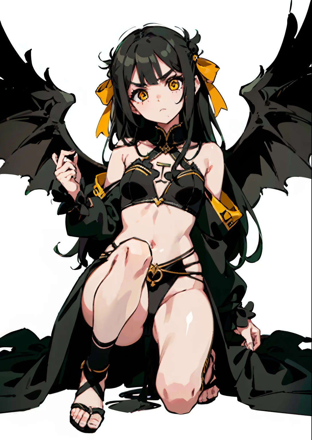 1 girl, ((master part, Lemeral Lighting, Olhos bonitos: 1.2), ultra-detalhado, ultra high-resolution, professional lighting, maquiagem de alta qualidade, belos olhos detalhados), (melhor qualidade:0.8), Perfect anime illustration, Beautiful, fundo de cor plana, fundo simples, corpo inteiro ,((obra-prima, melhor qualidade)), (1girl), (sozinho), (Foco feminino), Fallen angel girl, mad face, dark wings, black hair, barefoot, black robe, black hair,