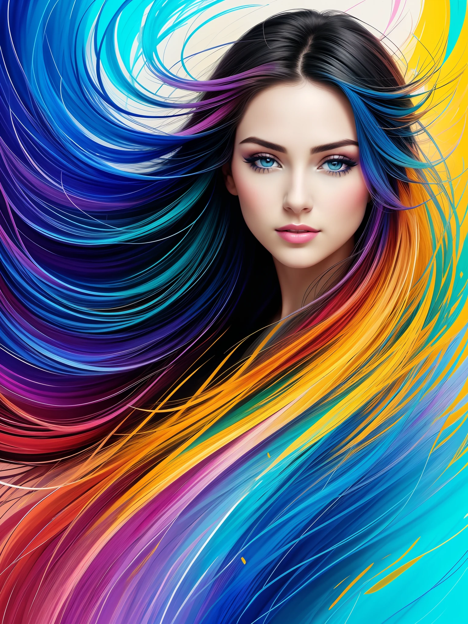 um close up de uma mulher com cabelos longos com estrias coloridas, Arte bonita UHD 4K, arte digital colorida, pintura digital colorida, Arte colorida, pintura digital vibrante, arte de fantasia digital colorida, full-colour illustration, linda arte digital linda, bela arte digital, bela arte digital, arte digital colorida, lindo arte digital, 8k arte impressionante, Gotejamento HD colorido