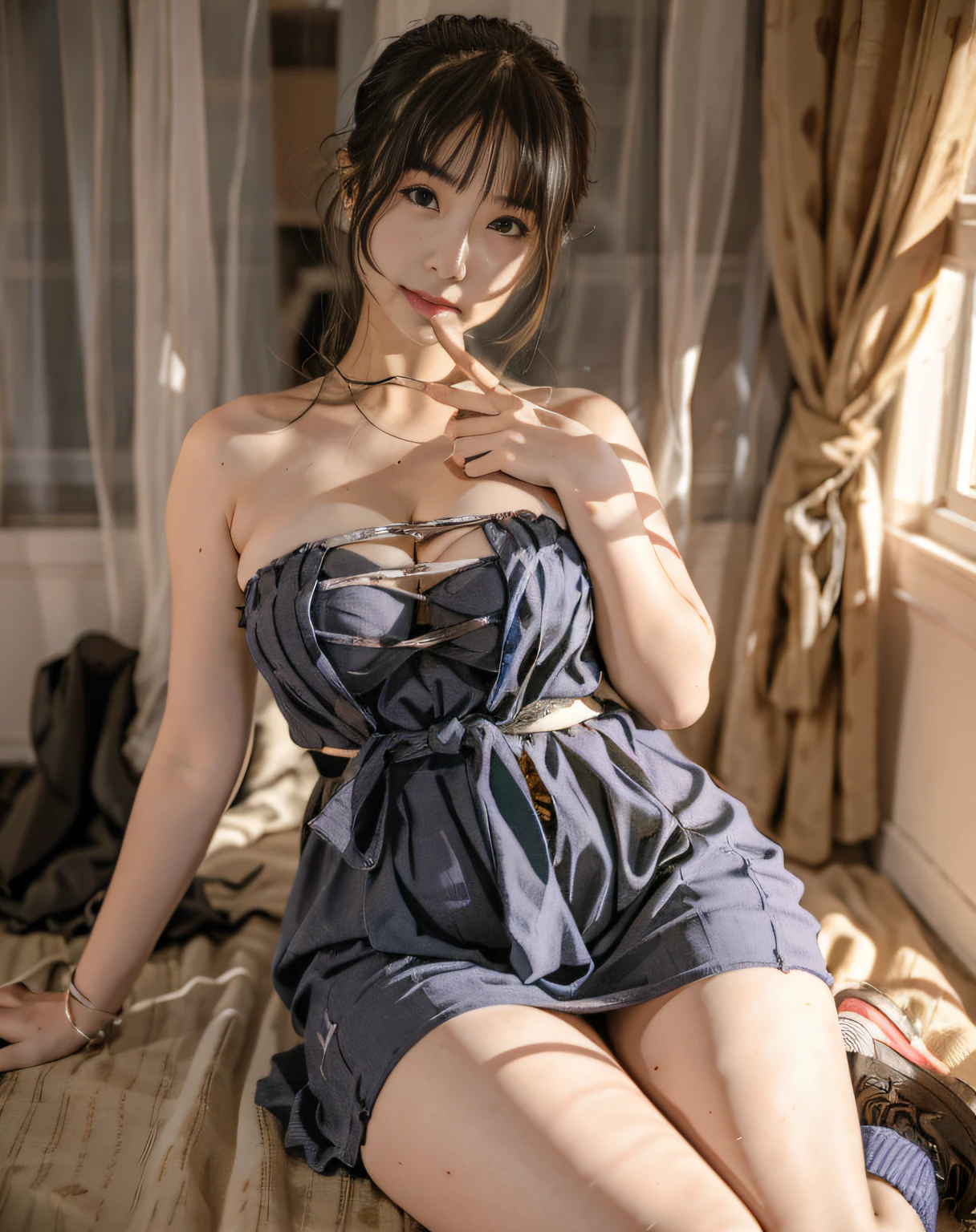 best qualtiy, Face focus, the soft light, (depth of fields) ,超高分辨率, (realisticlying:1.4), RAW photos,(upper waist:1.4) ,
1japanese girl, 独奏, adolable, (is shy, ssmile:1.1), (with brown eye), Detailed beautiful face, (short detailed hair),
high school classroom,(sittingonchair),exposing your navel,fat hips
(校服:1.4,Navy blue dress,navy Blazer)