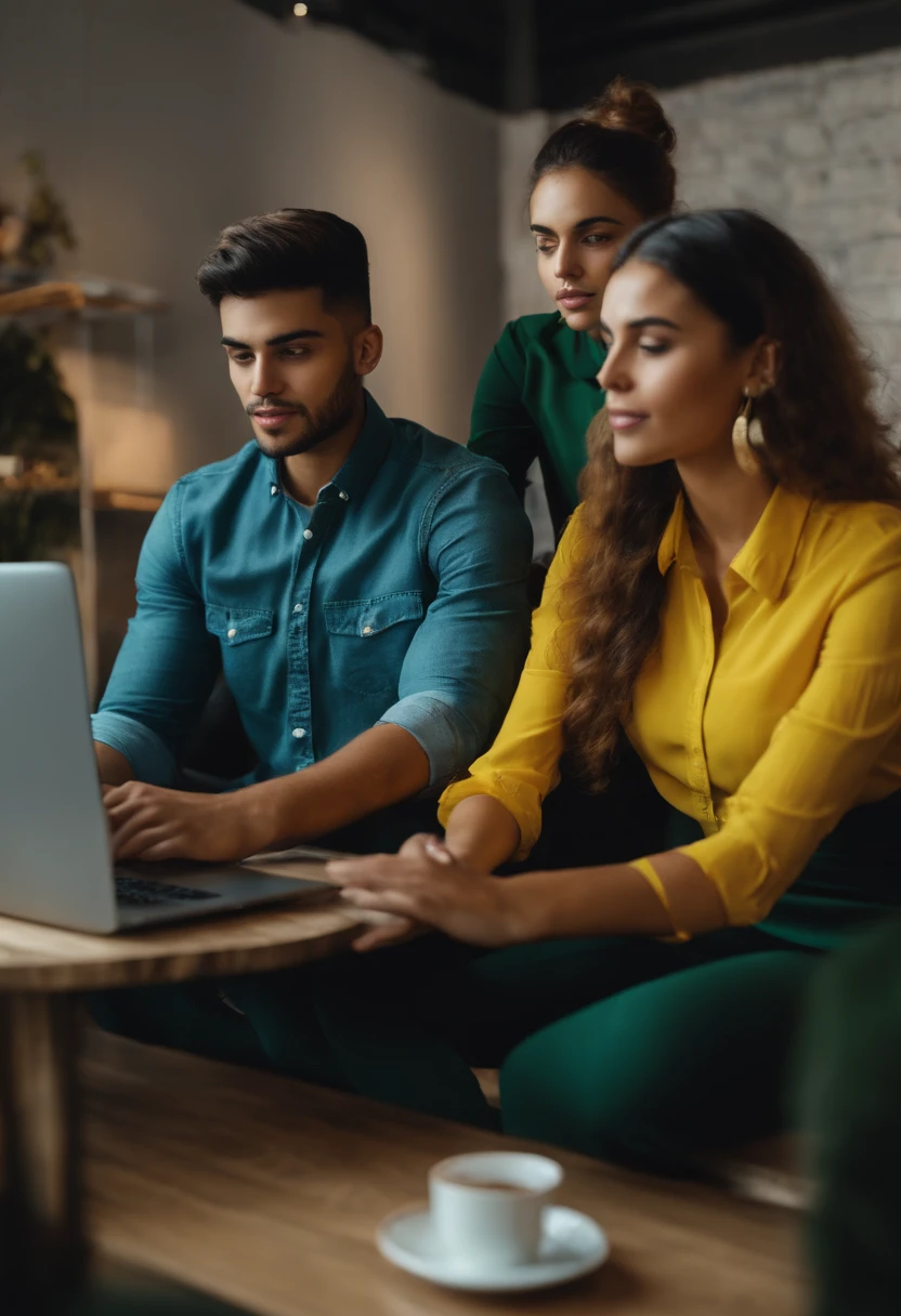 three 19 years old young enthusiastic latin business entrepreneurs, one guy and two girls, making decisions after watching business excel reports at with a laptop. 4k photo definition, hiperrealistic. inspirational essense. excel report are with green and yellow colors