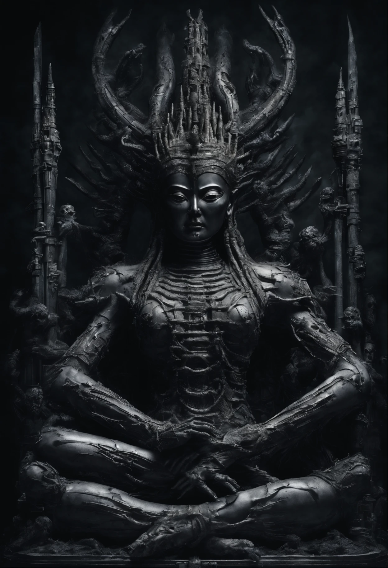 High quality, 4k, masterpiece, Senju Kannon statue with many arms holding weapons, Buddha pose, in the style of HR Giger, creepy looking, HR Giger style, plain background