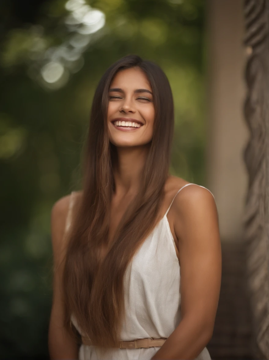 woman posing for a photo, Laugh, Happy, Long hair, Straight hair, finely detailed skin, during the day, Hot summer days, Nature lighting, Detailed face:1.2, Sharp Focus, Hasselblad photo, masutepiece, Light makeup, Cinematic lighting, 4K, Best Quality