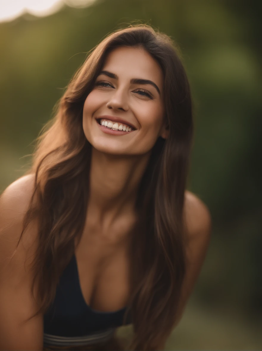 woman posing for a photo, Laugh, Happy, Long hair, Straight hair, finely detailed skin, during the day, Hot summer days, Nature lighting, Detailed face:1.2, Sharp Focus, Hasselblad photo, masutepiece, Light makeup, Cinematic lighting, 4K, Best Quality