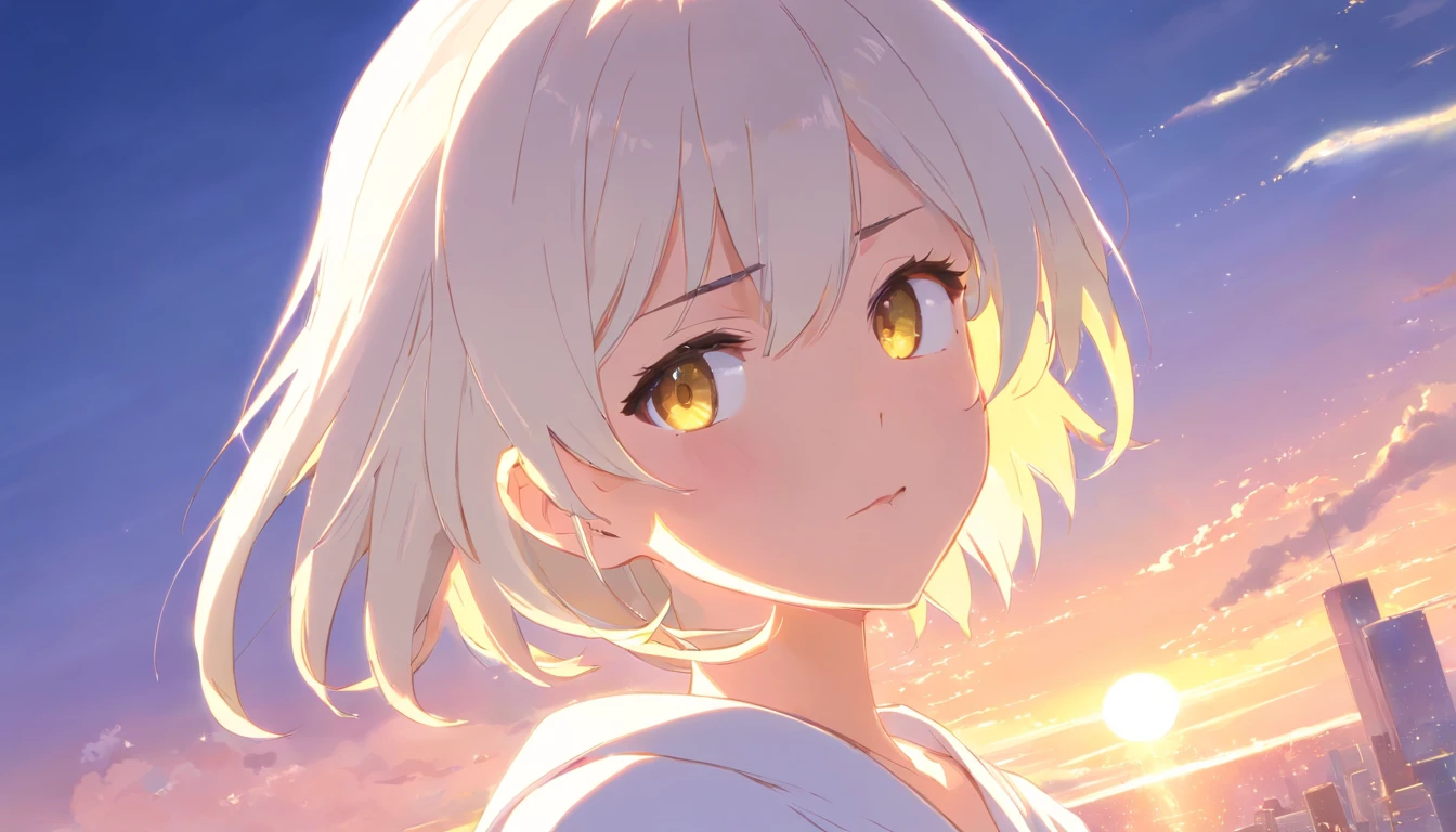 Best quality, Masterpiece,White hair, Gold eyes,White clothes, Looking up, Upper body,Hairline,Fair skin,Side braids