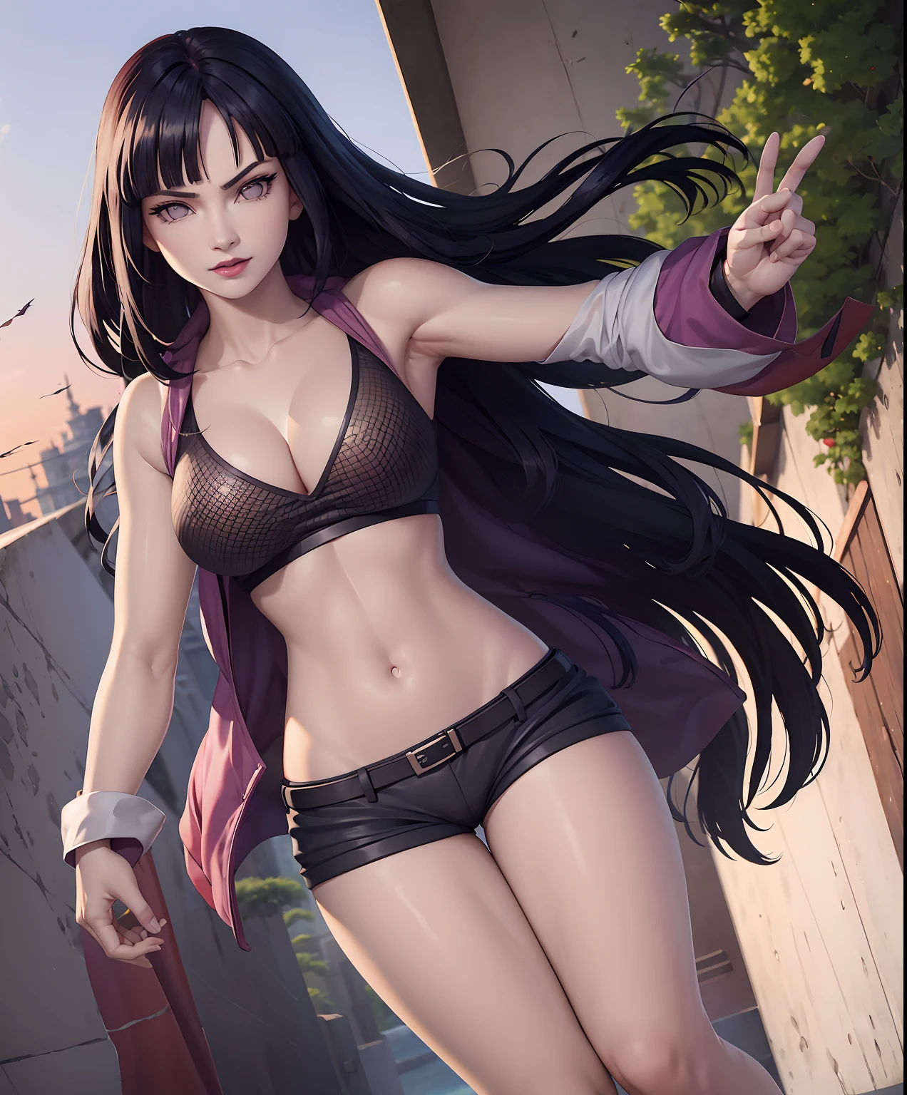 Hinata Hyuga, extremamente realista, bermuda curta, short curto, tatuagem do Naruto, extremamente Sexy, muito linda, cabelo rabo de cavalo, cabelo preso, cabelo grande, (((bunda grande))) Fitness (((pernas Grossas))) is dancing, empinando a bunda, boca vermelha, baton vermelho, cidade rio de janeiro ao fundo, Brasil, a realistic representation of the face, realista, colorido, delicado, cinematiclight, side-lighting, reflexo de lente, ray-traced, foco nítido, (1girl, __focus__:1.3), (detalhes complexos, maquiagem, PureErosFace_V1:0.5), (rosto lindo e delicado detalhado, olhos lindos e delicados detalhados, a perfect face proportion, pele altamente detalhada, pele detalhada, best proportion four fingers and one thumb, quadris largos, barriga fitness, __fashion__, __hair__: 1.3), __location__,