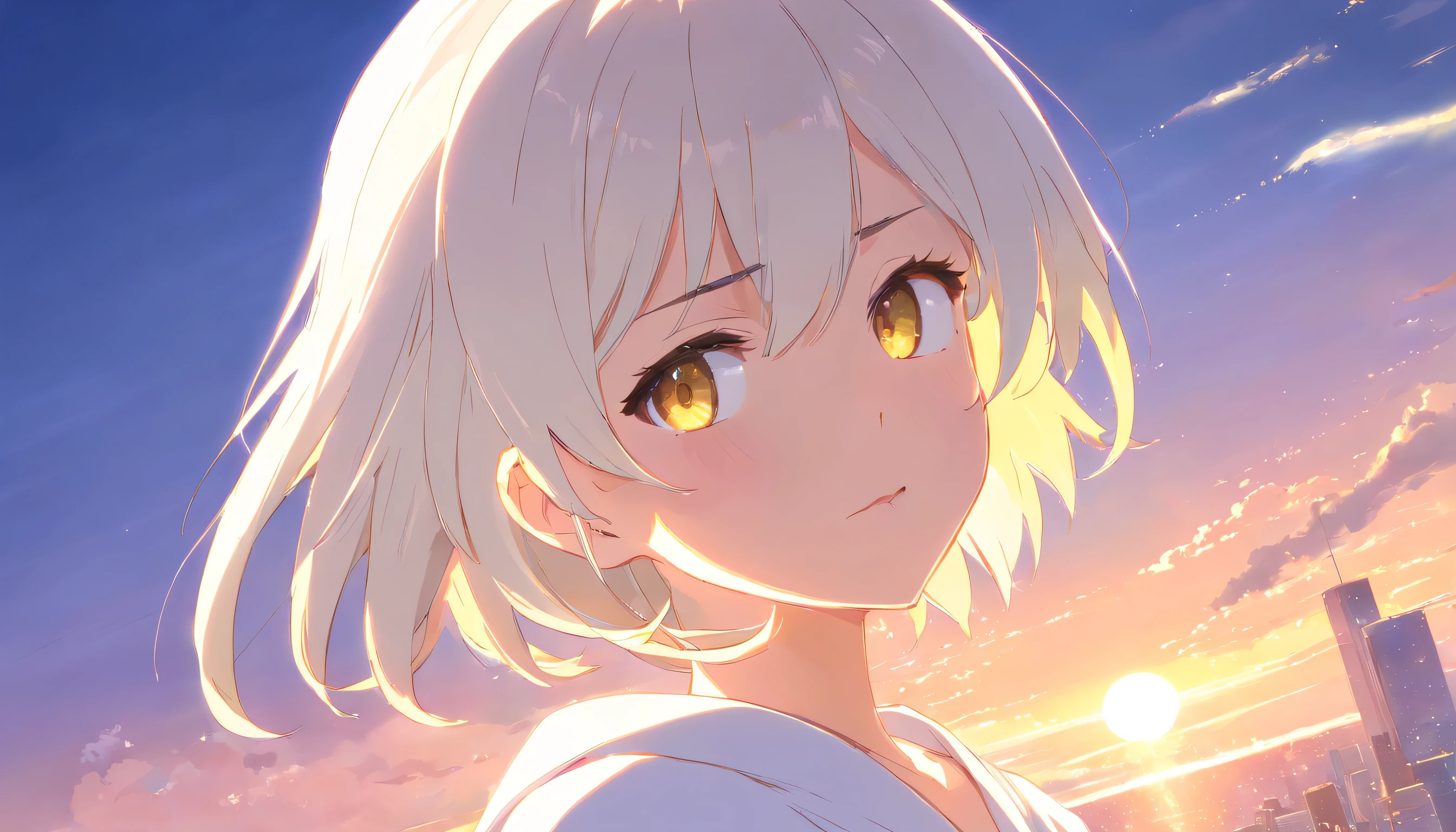 Best quality, Masterpiece,White hair, Gold eyes,White clothes, Looking up, Upper body,Hairline,Fair skin,Side braids