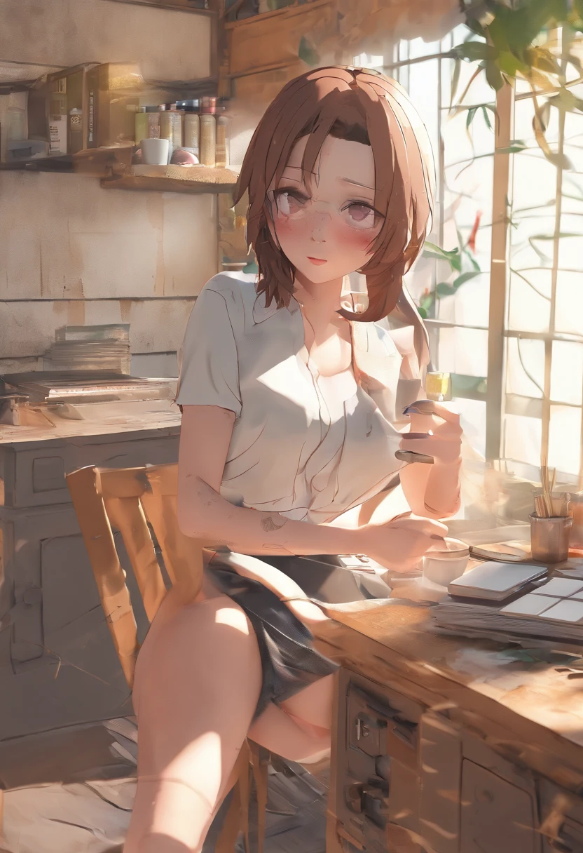 Arti future anime. Birds eye view, dirty woman sitting on chair in dilapidated house, wet messy hair over eyes, detailed bodycon shirt and pleated skirt. vixip, close-up landscape, hurt. Hand drawing, cinematic lighting, highly detailed. White, brown, red. Perfect composition, masterpiece, best quality, 4k, sharp focus. perfect anatomy.