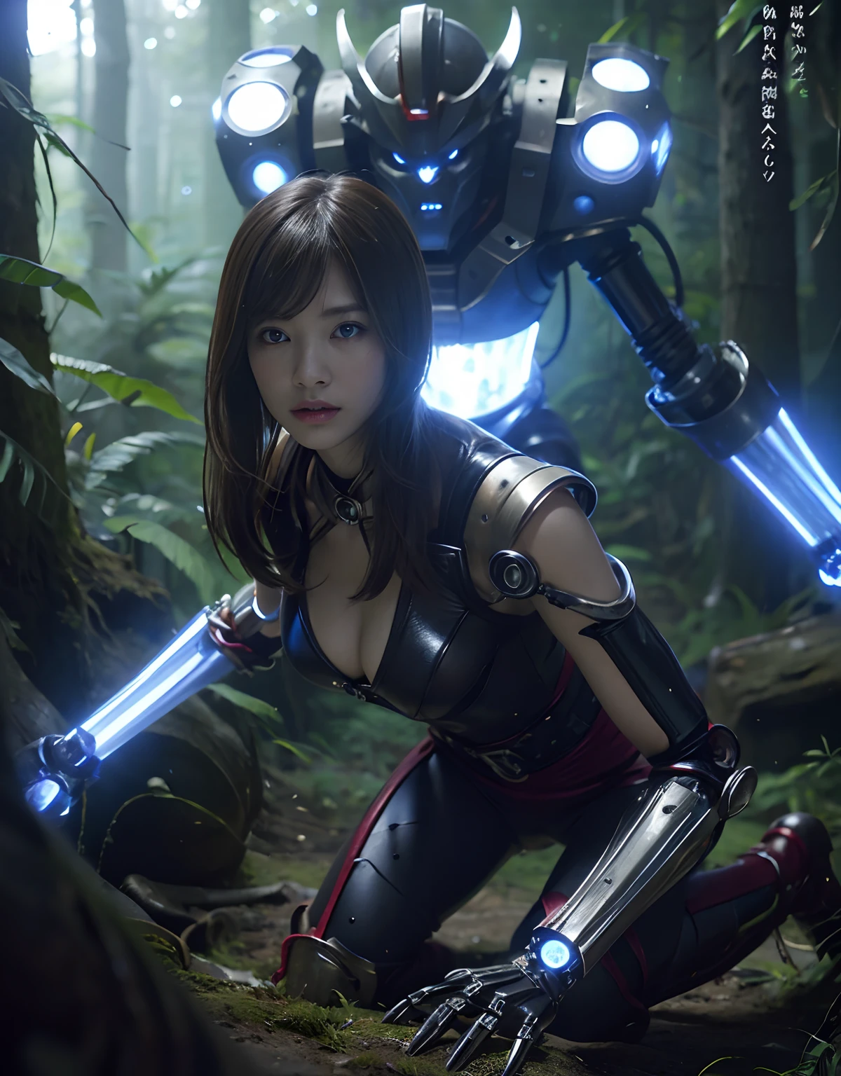 (1 Mechanical Girl)、top-quality、masterpiece、超A high resolution、(Photorealsitic:1.4)、Raw photo、1人、Fight mutants、glowy skin、(((1 Mechanical Girl)))、With a beautiful knife、(Green Metal Bodysuit)、(Kobold、ogre、Fierce battle with orcs),(Fight fiercely against aliens)、Fight fiercely、(beautiful forest background)、(Fighting Demonic Beasts)、(Small LED)、((super realistic details))、portlate、(Strong giant demon beast background),globalillumination、Shadow、octan render、8K、ultrasharp、Colossal tits、Raw skin is exposed in cleavage、metals、Details of complex ornaments、Japan details、highly intricate detail、Realistic light、(Mystical expression),CGSoation Trends、Blue eyes、radiant eyes、Facing the camera、neon details、(Mechanical limbs)、(blood vessels connected to tubes)、Mechanical vertebrae attached to the back、mechanical cervical attaching to neck、(Wires and cables connecting to the head)、Gundam、Small LED、,Mechanical thighs、Toostock、(Hands are also made of machines)、(Attack of the Monster Beasts)、(Wounded in a deadly battle)、