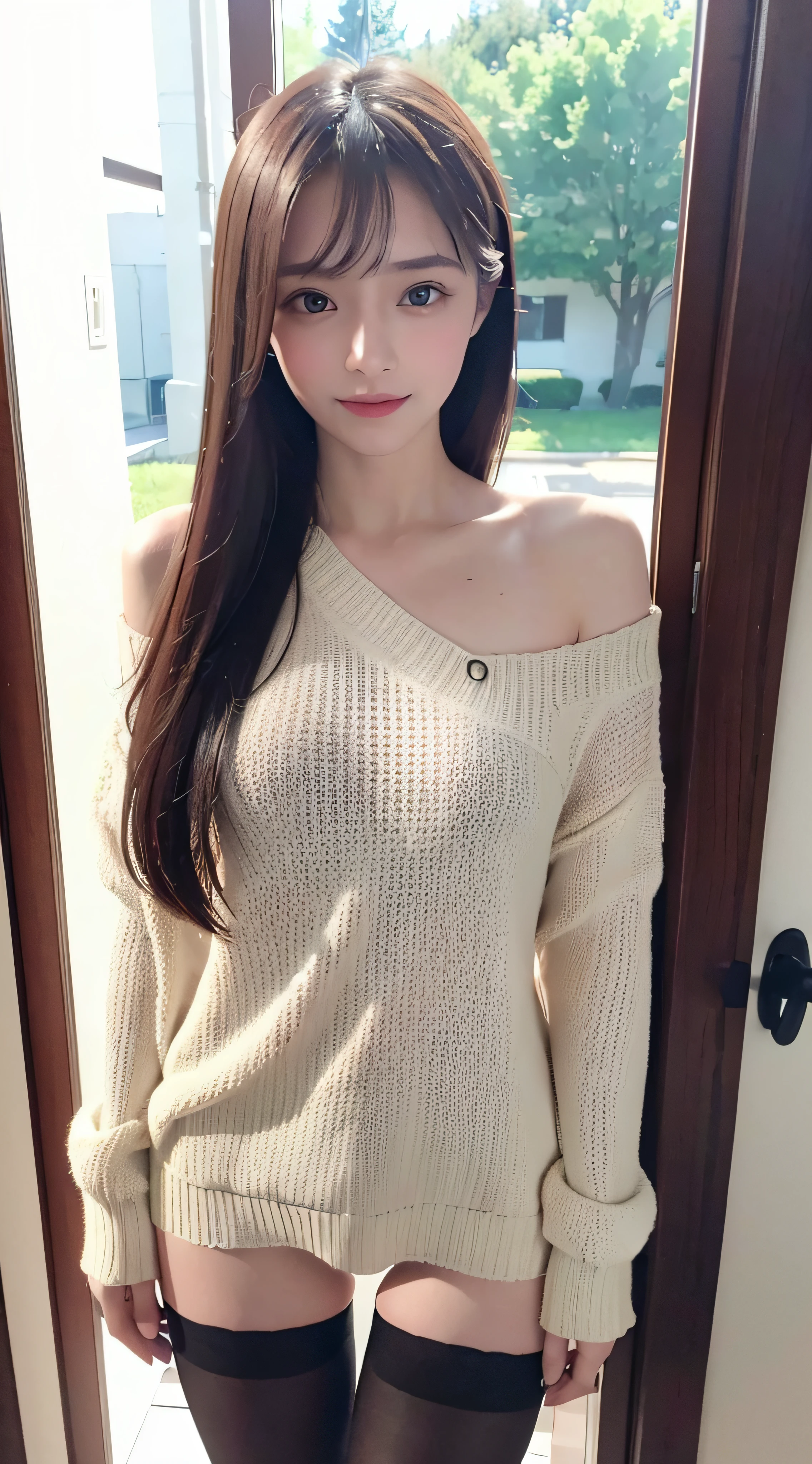 Russian girl of extraordinary beauty、、big breasts body 154 cm、MuCoi、small、Smile of shame、Wear a scruffy sweater、Wear a loose-fitting sweater、shoulders out、鎖骨、(Wear small panties)、(Wear pantyhose,Realistic pantyhose)、When the door is opened、Russian model, Russian girls, Neat and clean Russian woman, Russian goddess, RAW photo, (8K、top-quality、tmasterpiece:1.2)、(intricately details:1.4)、(Photorealsitic:1.4)、octane renderings、Complex 3D Rendering Ultra Detail, Studio soft light, rim lights, vibrant detail, super detailing, realistic skin textures, Detal Face, Beautiful detail eyes, Very detailed CG Unity 16k wallpaper, Make up - up, (detailedbackground:1.2), shiny skins、Bare with thighs!!!、