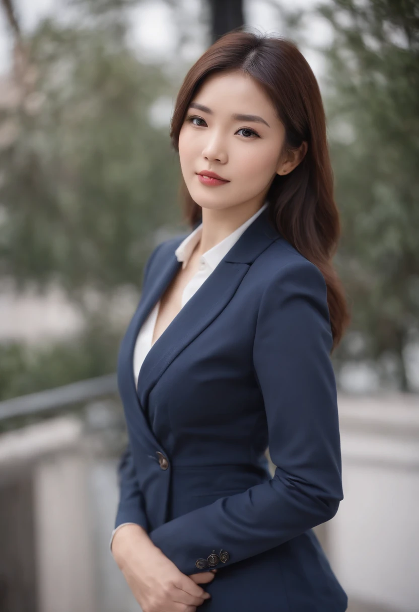 25-year-old professional image of Chinese professional woman, Wear a navy blue business casual suit and hip wrap skirt, Professional profile photo, posing with crossed arms, professional picture, professional profile picture, photograph of a woman, Business woman, lecturer, Black hair, Slim body, 8K high-definition