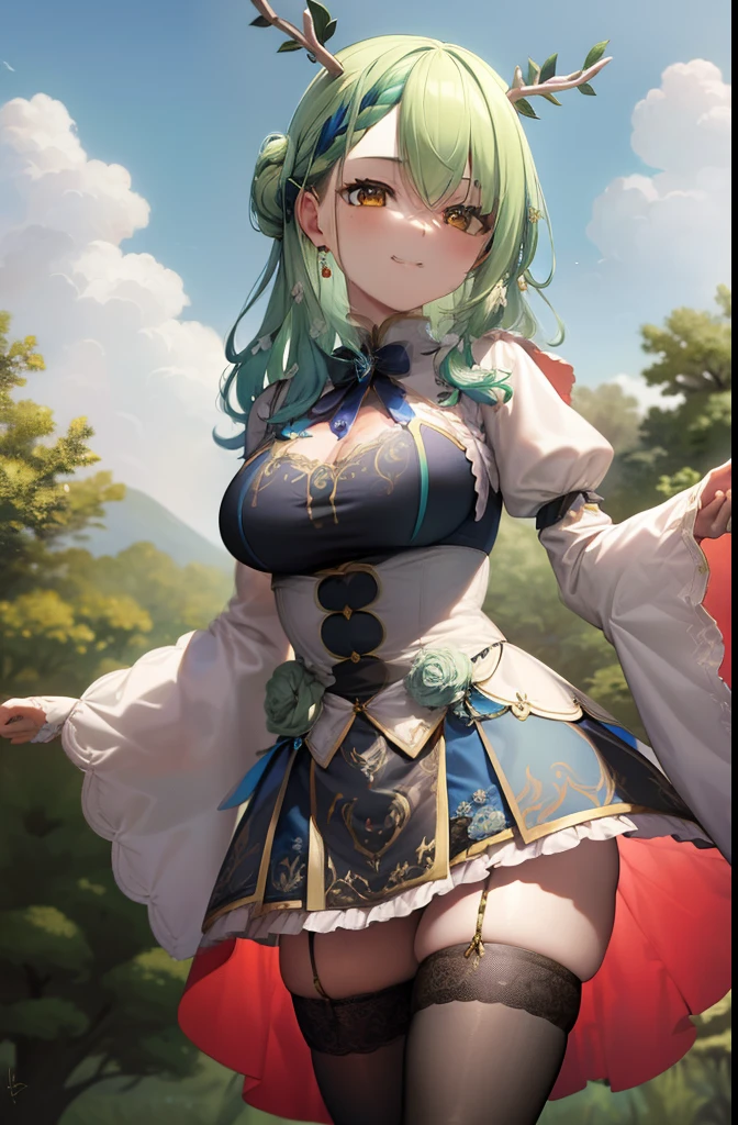 masterpiece, best quality, absurdres, perfect anatomy, 1girl, solo, Ceres Fauna, antlers, FaunaBase, long hair, braided bangs, hair flower, blue dress, wide sleeves, single thighhigh, bridal gauntlets, smile, outdoors, nature scene, large breasts