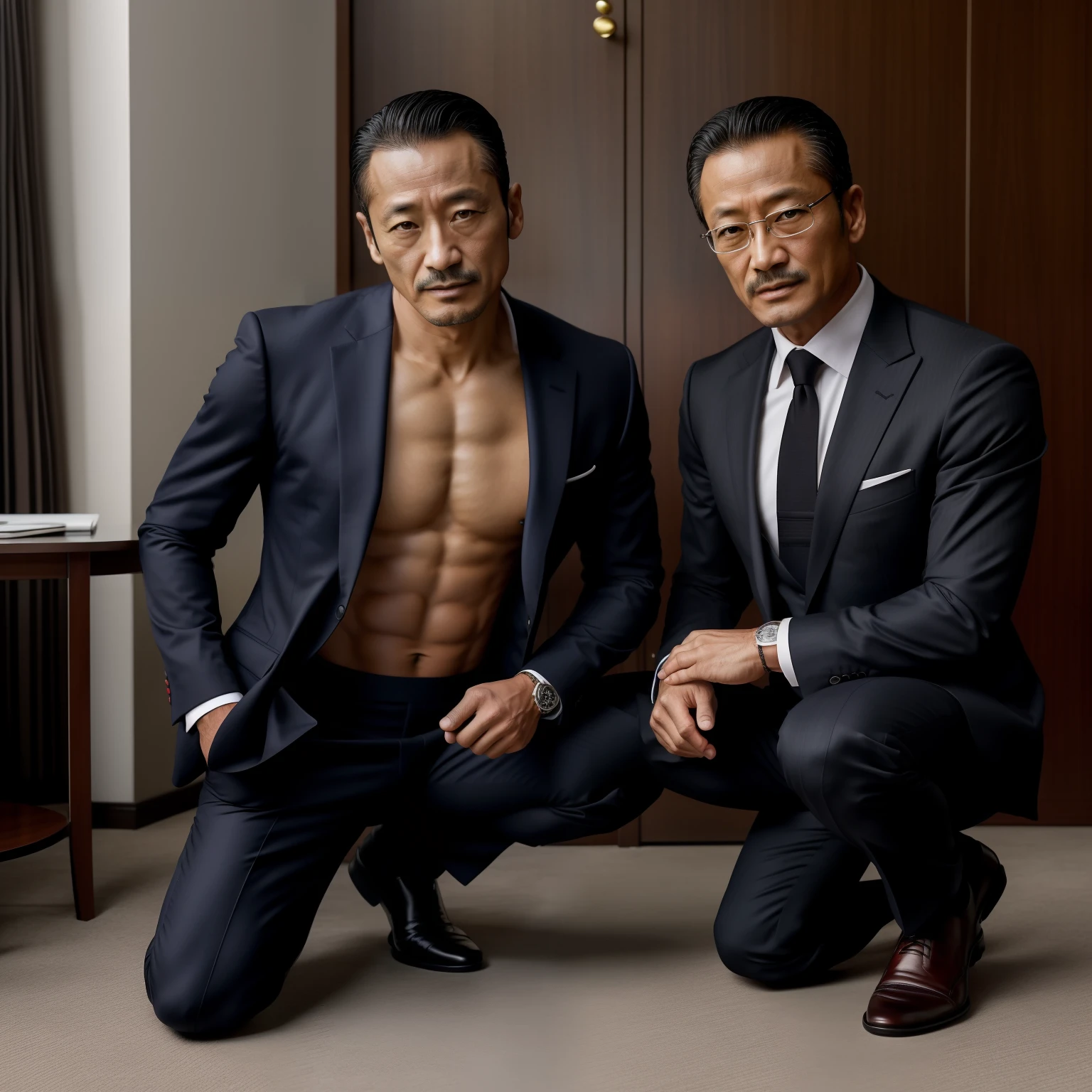 age 55，Hidetoshi Nakata ，（Kogoro Mouri 1.3），little beard，Shirtless，black long socks，tmasterpiece，fortitude，Two muscular men kneeling，Business suit，skinny pants