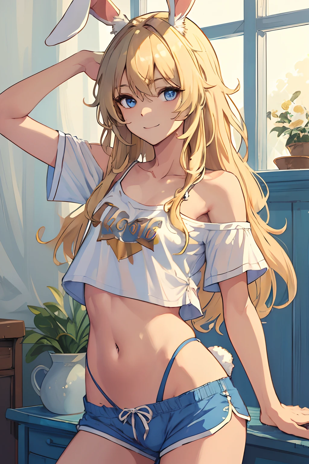 (masterpiece, best quality:1.2), cowboy shot, solo, 1girl, long fluffy blonde hair, skinny, white t-shirt, blue short shorts, cowboy shot, slight smile, crop top, pajamas, stomach, navel exposed, small breasts, pajama shorts, half lid eyes, seductive, rabbit ears, rabbit tail