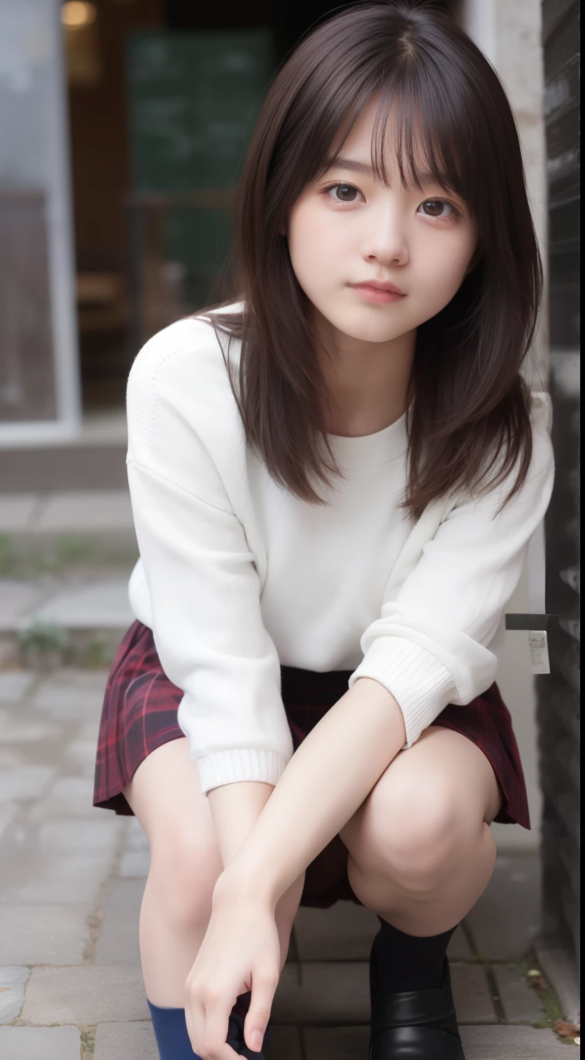 (Happy expression on face:1.26)、Raw photography、(((Ultimate Beauty Full Body Shooting)))、((glistning skin))、女の子1人、17-year-old beautiful girl in Prague、bright expression、((brown haired))、Girl in sweatshirt、plaid pleated skirt、View from the floor、(Long stockings or pantyhose)、(up skirt)、Legs open、Crouch down、Counterpoint Shot、((ultra-detailliert))、(Perfectly detailed face)、(Detailed hand)、(detailed finger)、(Good human anatomy)、Photorealistic images、((​masterpiece、top-quality、ultra-detailliert、Film Light、intricate-detail、hight resolution、ighly detailed))、细致背景、8KUHD、Digital SLR、Soft light、hightquality、Film grain、FujifilmXT3 、Shallow depth of field、natural soft light、Kamimei、