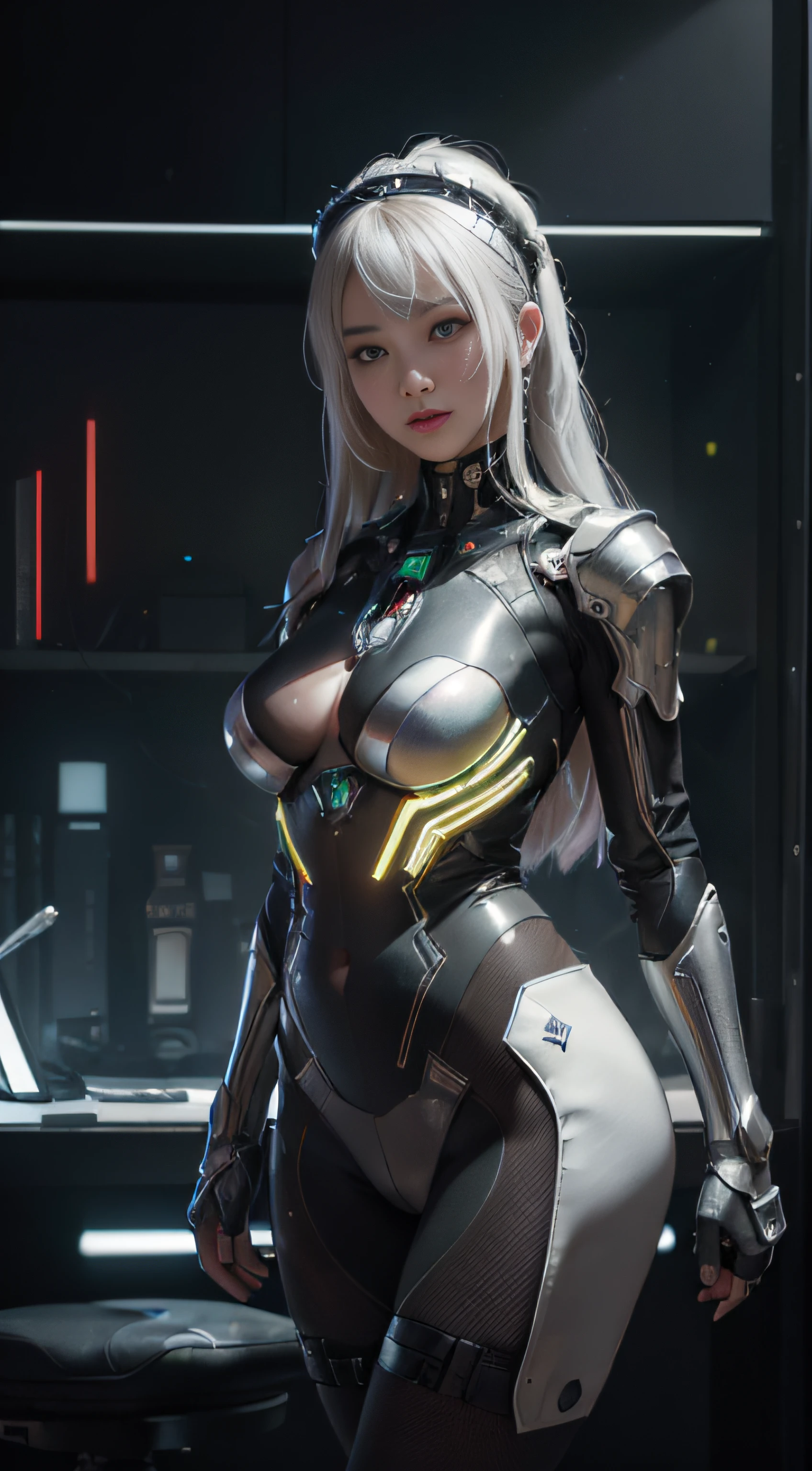((top-quality)), ((tmasterpiece)), ((ultra-realistic realism)), (detaileds), (Photorealsitic:1.5), futuristic helmet,(The background is a futuristic city),A very beautiful girl, jpn(Translucent silver tights), Freestanding suit,Colossal tits,23years old,You can see the skin around your tummy, Curl the waist,Lights on armor, Cybernetic headdress, Belly exposure,Looking at the camera, dynamicposes, scientific fiction, NFFSW, Ray traching, NVIDIA RTX, Hyper-Resolution, Unreal 5, Sub-surface scattering, PBR Texture, post-proces, Anisotropy Filtering, depth of fields, Maximum clarity and sharpness, the rule of thirds、8K raw data、(Luminous Particle:1.4)、(extremaly detailed cg、Unity 8k Wallpapers、。.。.。.3D、lighting like a movie、lense flares)、Reflectors、foco nítido、Cyberpunk art of a、Cyberpunk architecture、