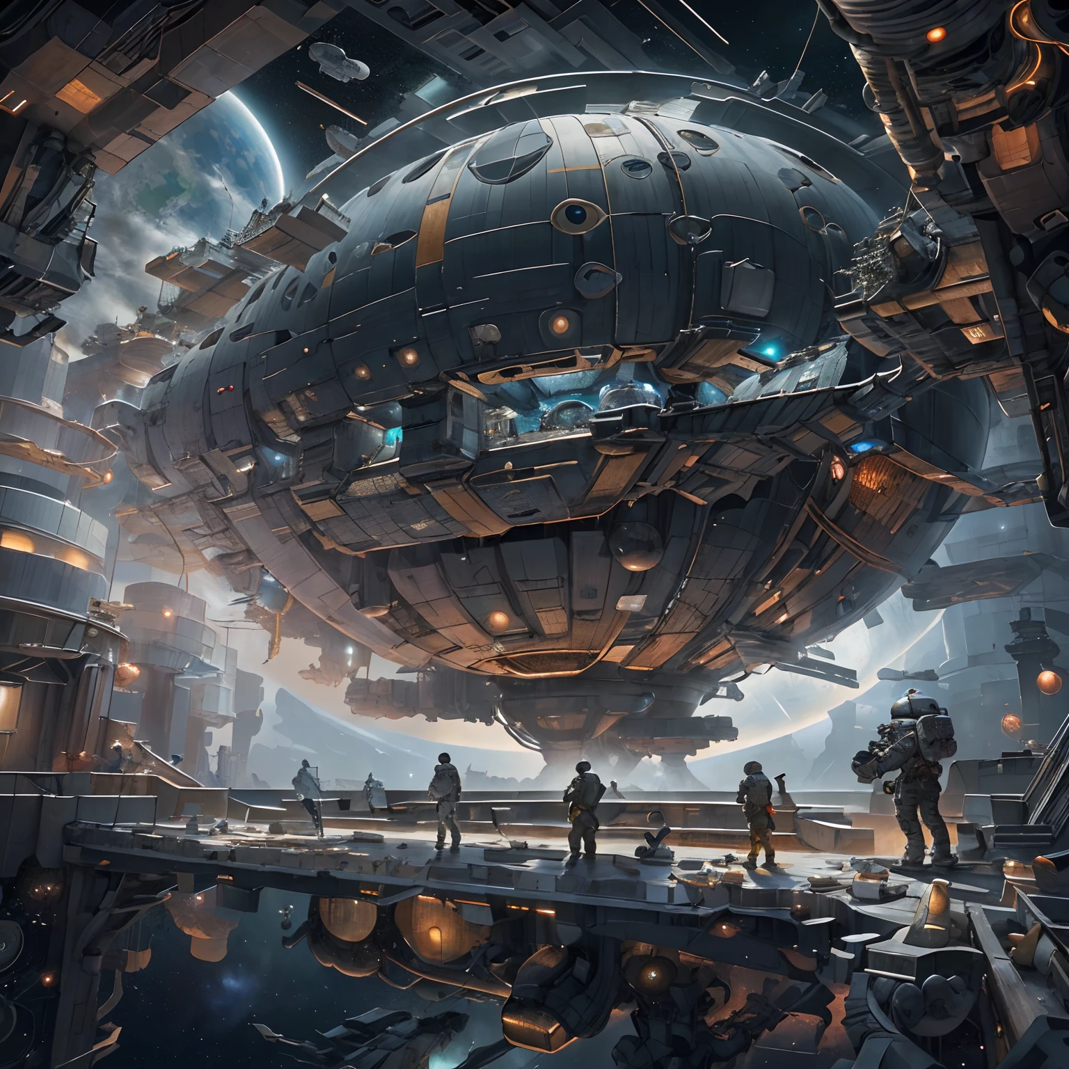 A captivating depiction of a space station floating in the vastness of space, (Stunning spatial backdrop), (Detailed spacecraft design), (lifelike rendering), (Impressive scale and proportions), (futuristic architecture), (Attention to scientific accuracy), (intricate mechanical details), (Immersive lighting effects), (A sense of awe-inspiring vastness), Trending on ArtStation, (Trending on CGSociety), (Showcasing the wonders of space exploration), (Evokes a sense of technological progress), (Highly detailed space environment), (Impressive attention to texture and materials), (Depiction of astronauts and extraterrestrials), (Convey tranquility and awe), (Capturing the beauty and mystery of the universe), (Skillful depiction of depth and perspective),vortex,Hou-t'u-feng,The wreckage of a huge spaceship