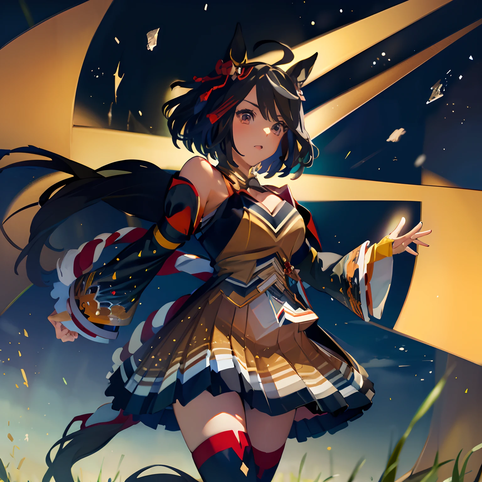「masterpiece,top-quality,a closeup,Face Shots,kitasan black_(Umamusume), 1girl in,Animal ears ,Horse ears ,Horse Girl ,Horse tail,masutepiece, Best Quality,Hair Ribbon, Hair Ornament, Fingerless gloves, yellow gloves, Komono, Long sleeves, Wide sleeves, Detached sleeves, Bare shoulders, Clothes Cutout, cleavage cutout, Kohaku ship, Brown skirt, Pleated skirt, zettai ryouiki, black thighhighs, Sandals, red footwear, 」