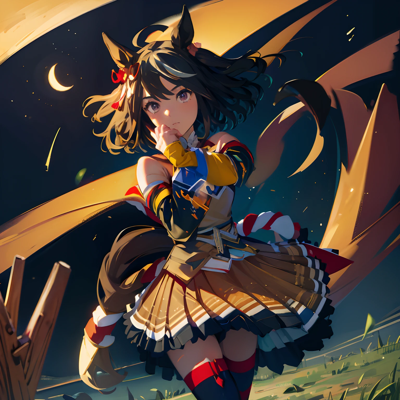 「masterpiece,top-quality,a closeup,Face Shots,kitasan black_(Umamusume), 1girl in,Animal ears ,Horse ears ,Horse Girl ,Horse tail,masutepiece, Best Quality,Hair Ribbon, Hair Ornament, Fingerless gloves, yellow gloves, Komono, Long sleeves, Wide sleeves, Detached sleeves, Bare shoulders, Clothes Cutout, cleavage cutout, Kohaku ship, Brown skirt, Pleated skirt, zettai ryouiki, black thighhighs, Sandals, red footwear, 」