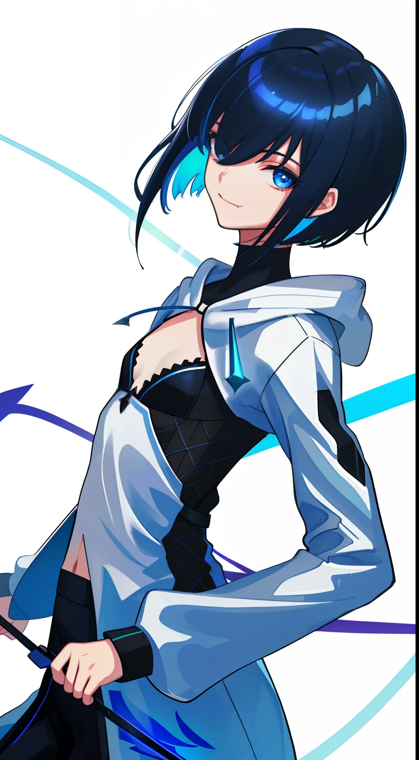 Colorful, High quality, sharp, autofocus, Looking at Viewer, 1girl in, Cool, Handsome, Blue eyes, Evil smile, Blue and black mesh hair, short-cut, a pixie cut, hair over eyes, hair between eye, Wearing a white hoodie, all, ((with a pure white background)), Cinematic, Particle Light, Best Shadow, Ray Tracking, Extremely detailed、neuter, (small tits), ​masterpiece, Man's, flat breasts, (high-angle)