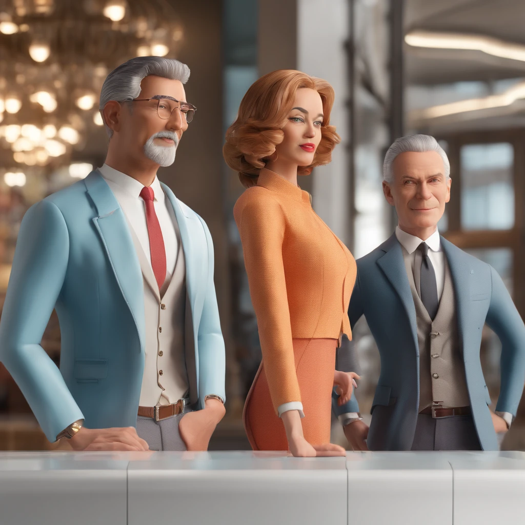 pair of powerful, ruthless, evil, menacing rich mature CEOs, man and woman, who want to take over the shopping mall but are just living realistic poseable plastic mannequins
