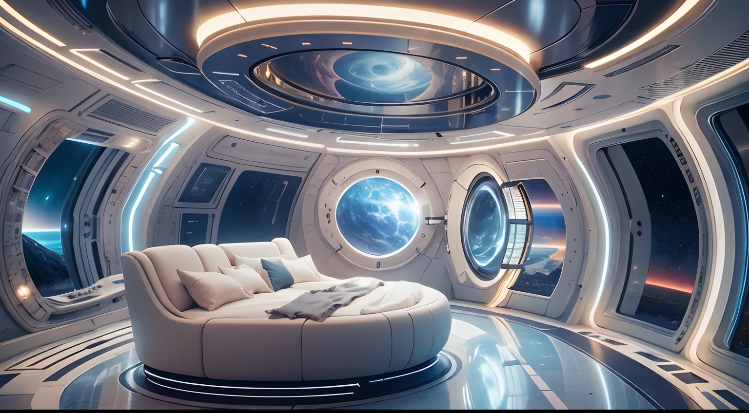spaceship interior, cabin, Large porthole with a view of the space, Highly detailed, High-end lighting, World of cinema, Futuristic, cozily, Bright space