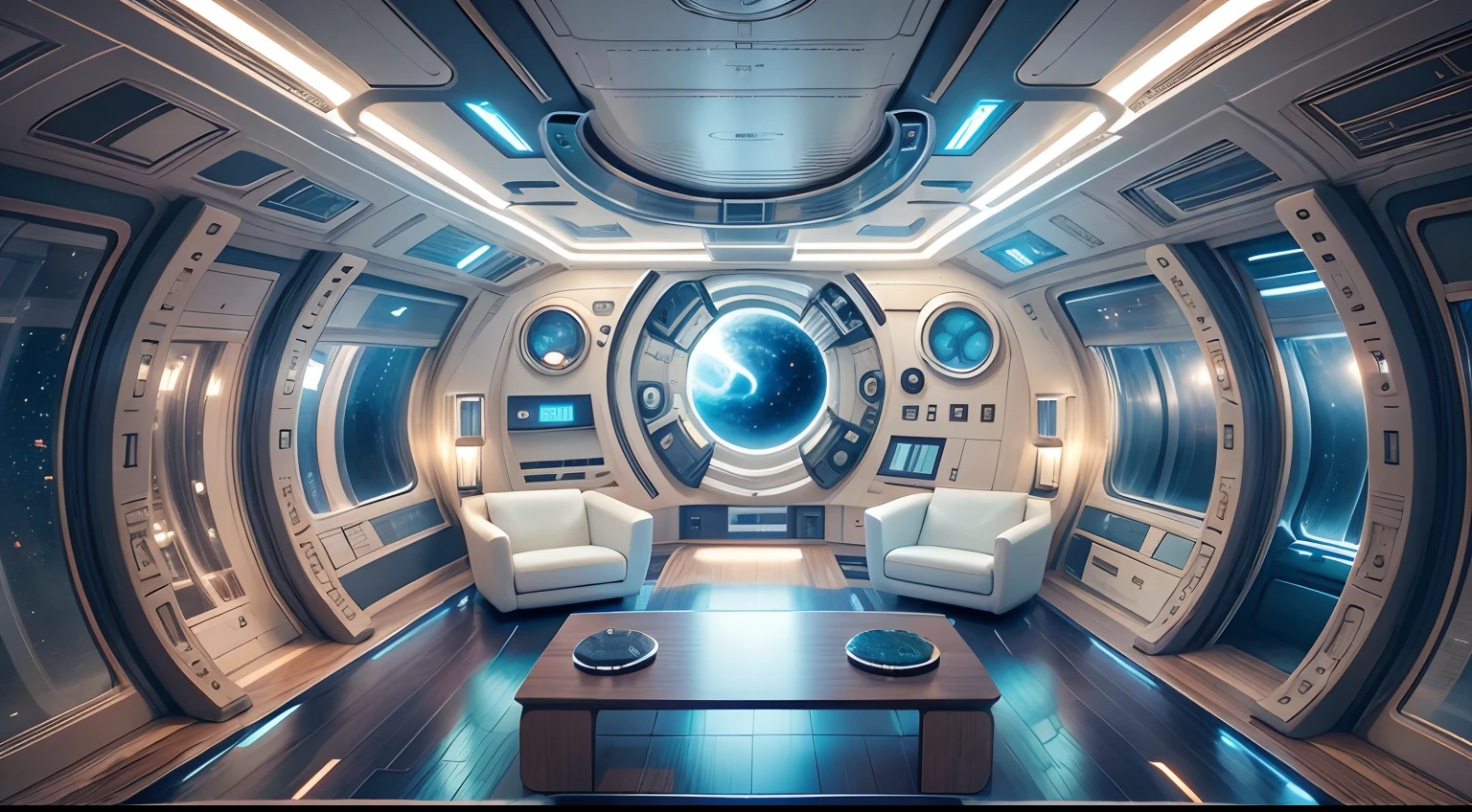 spaceship interior, cabin, Large porthole with a view of the space, Highly detailed,  High-end lighting, World of cinema, Futuristic, cozily, Bright space