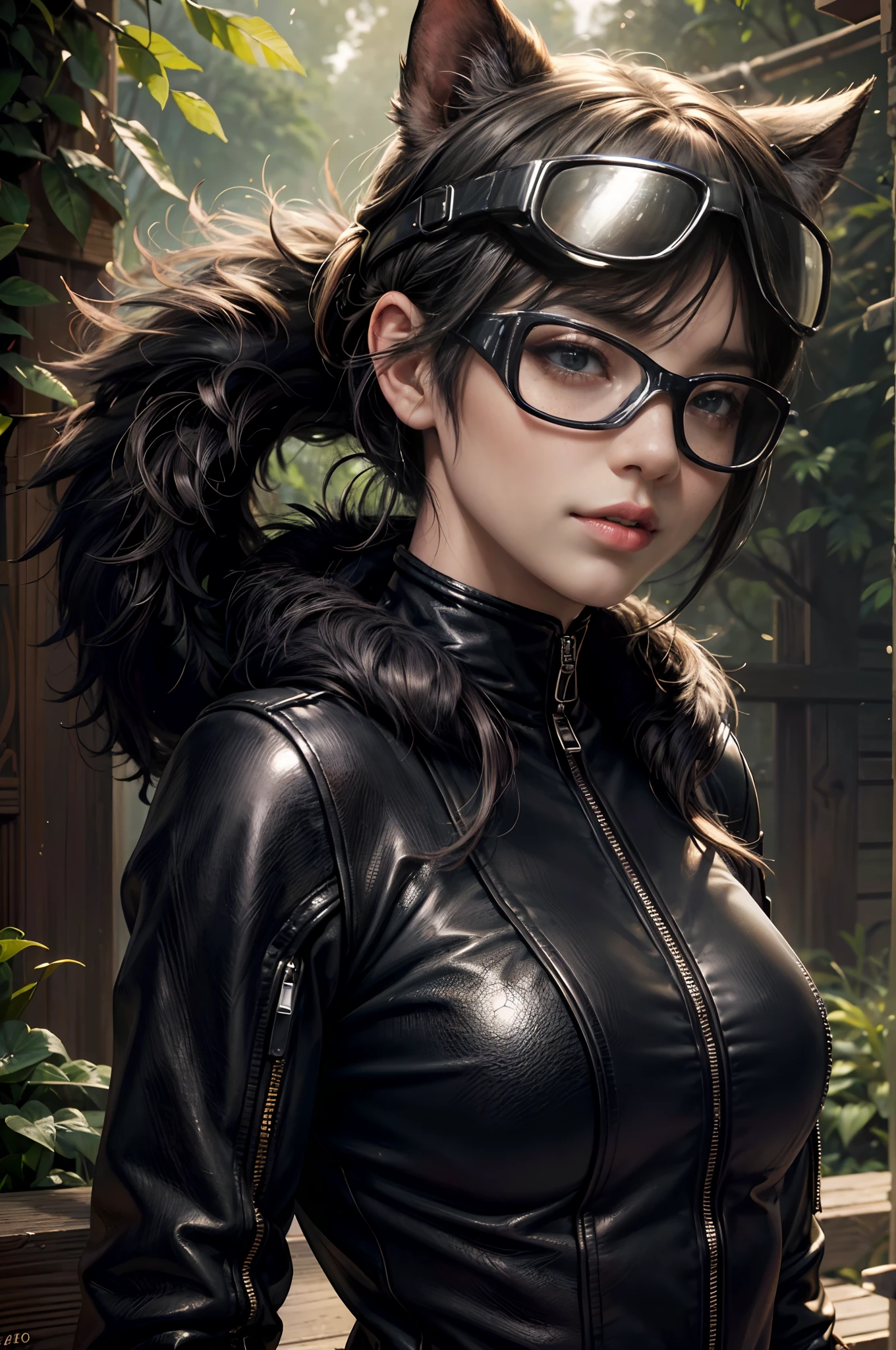 (best quality,4k,8k,highres,masterpiece:1.3),ultra-detailed,(realistic,photorealistic,photo-realistic:1.37),portrait,((raccoon:0.5)girl:1.1),great composition, freckles, scrawny short hair, naughty, expressive, sharp teeth,expressive eyes,long eyelashes,soft lips,beautiful vibrant colors,smooth skin texture,garden background,natural lighting, full body, character design, photorealsitc, tight black body suit, fur neck warmer, leather jacket, action goggles