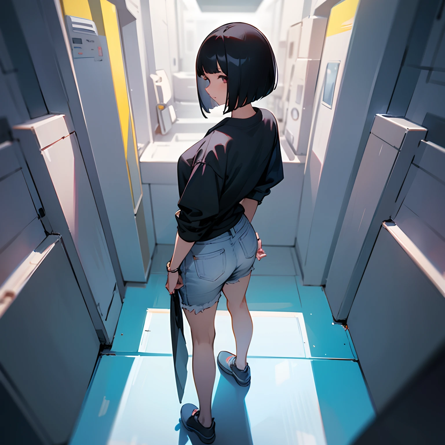 posterior view,girl with,Black hair,a cool,a short bob
