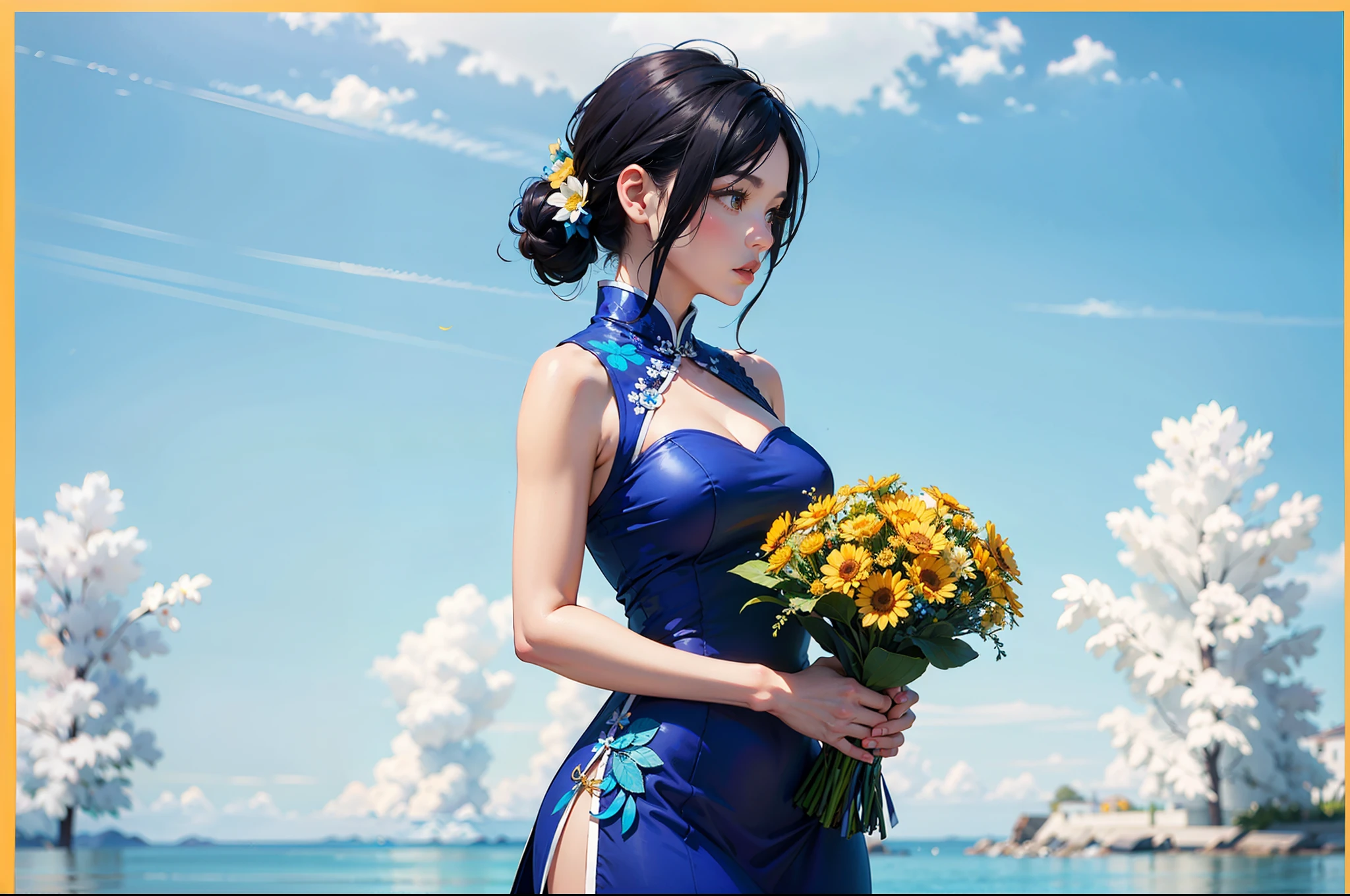 araffe woman in blue dress holding a bouquet of flowers, blue themed,  with flowers, cindy avelino, blue and yellow theme, fanart, in blue dress, wearing blue dress, backdrop, wearing a blue qipao dress, wearing a blue dress, profile picture, 🌸 🌼 💮