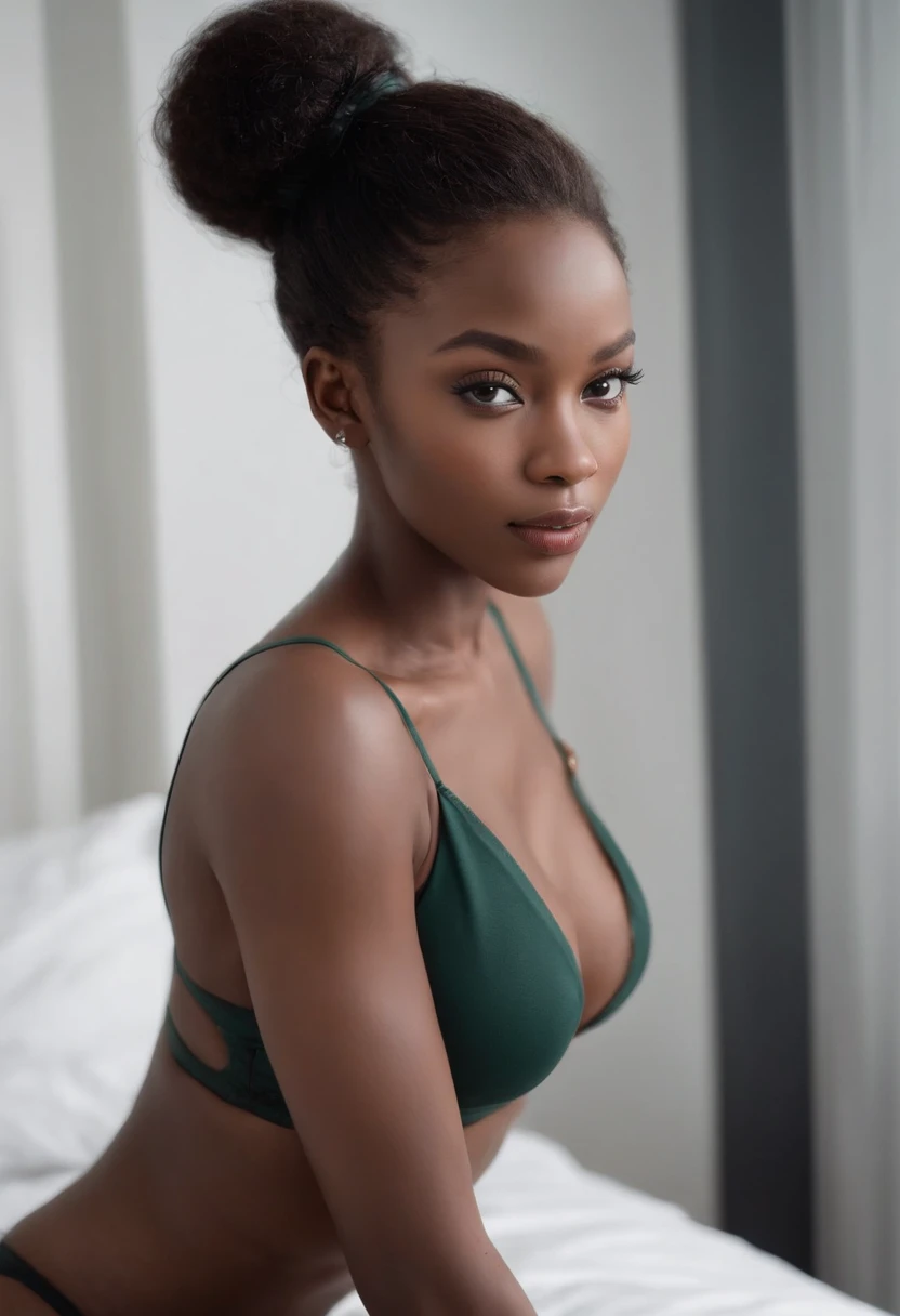 ((Dark African skin, Very deep ebony skin)), ((Its beauty is undeniable)), ((Excited cute face)), ((Hyper detailed perfect eyes,)), ((pose mignonne)), ((Langue sortie)), ((Seductive )), Sexy NSFW, (( crop top vert marine), Sexy mounted thong)), ((Afro ponytail with long African curly hair,)), (( peau)), ((coucher, vue de face en selfie)), ((main sur les seins dans une pose sexy)), ((interior, Chambre, lit)), Sharp Focus CGI, photoreallistic, High detail, Realstic, Masterpiece, absurdes, Best quality, Hdr, High quality, high-definition, Extremely detailed, 8k wallpaper, Intricate details, 8K UHD, Full-HD, (photo realist:1.2), contraste, intense illumination, lighting cinematic, natural lighting, hard light, contre-jour, Illumination globale, Ambient occlusion nsfw sexy all visible body she seduces hip slim body perfect bed red sheet horse queu afro