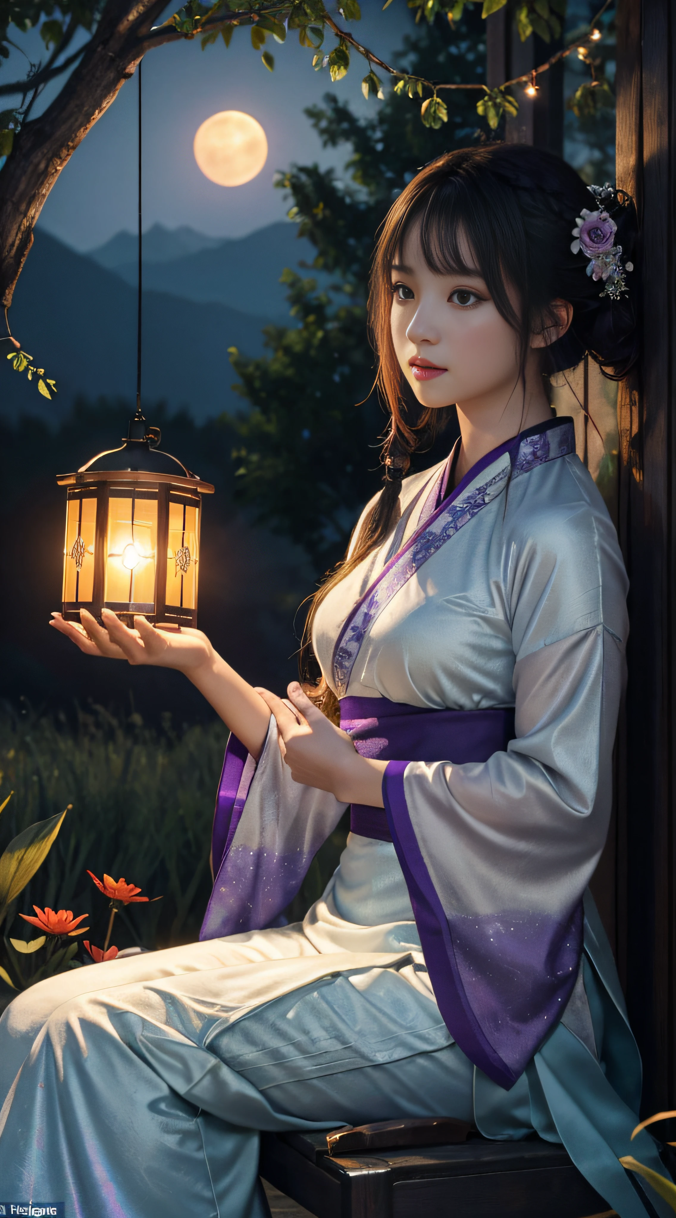 Vast landscape photos, (from below, sky above, open field below), a girl standing on a flower field looking up with a zither, (Full Moon: 1.2), (Meteor: 0.9), (Nebula: 1.3), distant mountains, Trees BREAK Making Art, (Warm Light Source: 1.2), (Firefly: 1.2), lamps, lots of purple and orange, intricate details, volumetric lighting BREAK (Masterpiece: 1.2), (Best Quality), 4K, Ultra Detailed, (Dynamic Composition: 1.4), Detailed, Colorful, (Iridescent: 1.2), (Glow, Atmospheric Lighting), Dreamy, Fantastic, (Solo: 1.2), Firefly, Chinese White Hanfu, Hairstyle Bangs, Seated