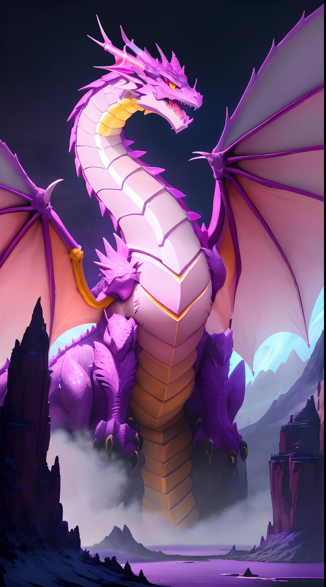 a picture of a dragon with pink and yellow eyes and a purple tail, colossal dragon as background, colossal dragon in background, dragon in the background, dragon in dragon lair, pink glowing core in armor, crystal dragon, pink fire around magic arena, legendary dragon, style of duelyst, lightning dragons attack, draconic looking armor, painted in the style arcane