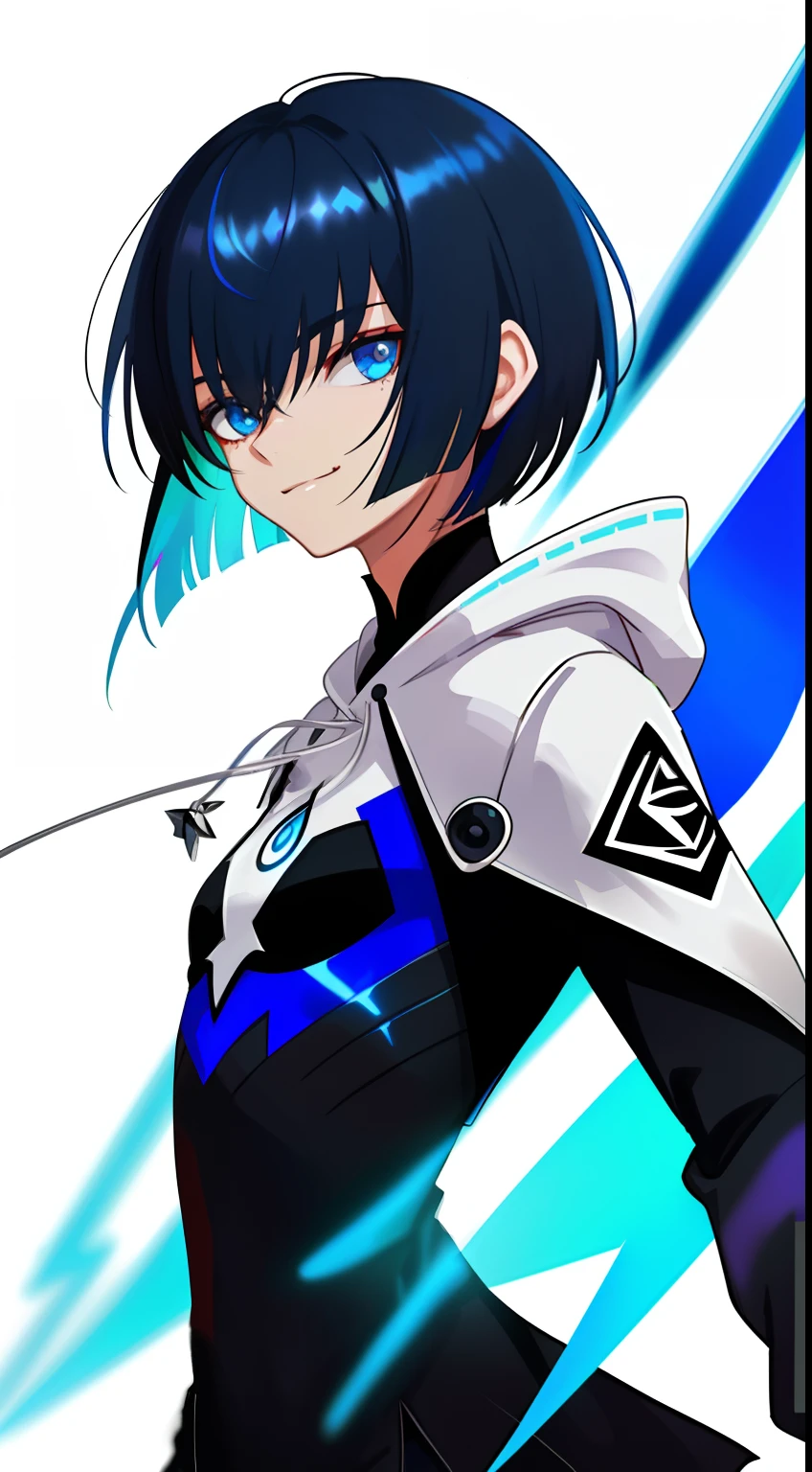 Colorful, High quality, sharp, autofocus, Looking at Viewer, 1girl in, Cool, Handsome, Blue eyes, Evil smile, Blue and black mesh hair, short-cut, a pixie cut, hair over eyes, hair between eye, Wearing a white hoodie, All, ((with a pure white background)), Cinematic, Particle Light, Best Shadow, Ray Tracking, Extremely detailed、neuter, (small tits), ​masterpiece, Man's, Flat breasts, (low-angle)