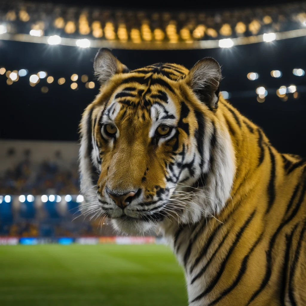 Obra maestra, tigre musculoso, Sportswear of the Tigres team of the Mexican National Team, football stadium UANL nuevo león san Nicolás, alumbrado, fuegos artificiales, noche, highest qualityr.