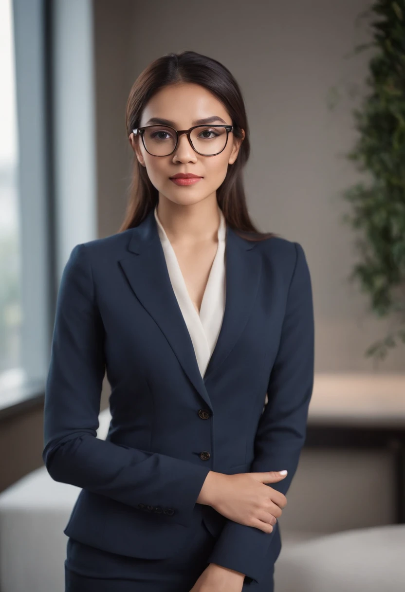 25-year-old mixed-race female professional image, Wear a navy blue business casual suit and hip wrap skirt,wears glasses,Professional profile photo, posing with crossed arms, professional picture, professional profile picture, photograph of a woman, Business woman, lecturer, Black hair, Slim body, 8K high-definition