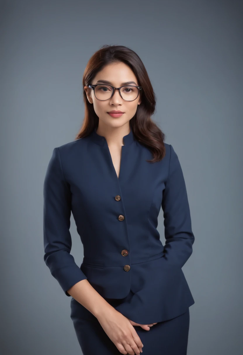 25-year-old mixed-race female professional image, Wear a navy blue business casual suit and hip wrap skirt,wears glasses,Professional profile photo, posing with crossed arms, professional picture, professional profile picture, photograph of a woman, Business woman, lecturer, Black hair, Slim body, 8K high-definition