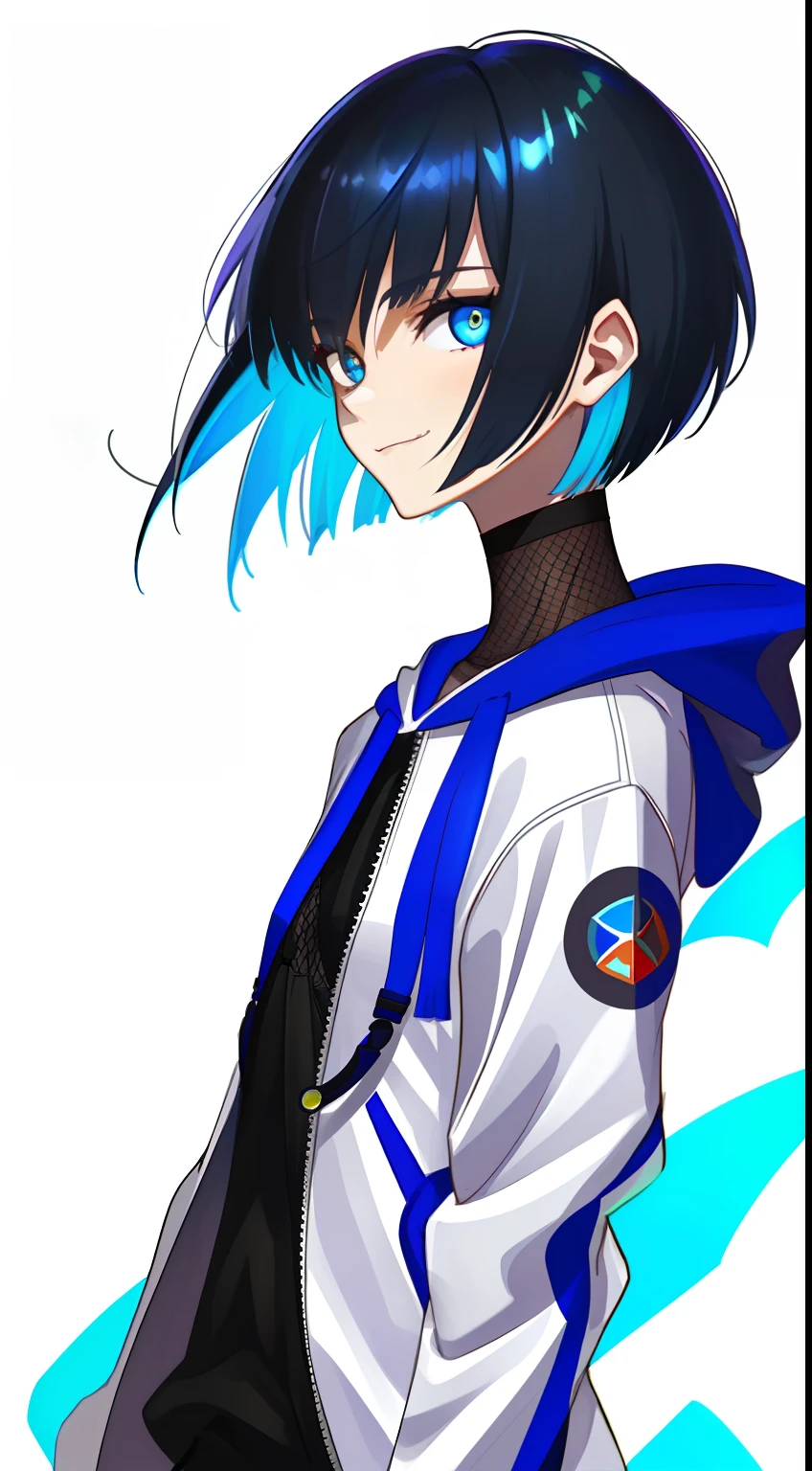 Colorful, High quality, sharp, autofocus, Looking at Viewer, 1girl in, Cool, Handsome, Blue eyes, Evil smile, Blue and black mesh hair, short-cut, a pixie cut, hair over eyes, hair between eye, Wearing a white hoodie, All, ((with a pure white background)), Cinematic, Particle Light, Best Shadow, Ray Tracking, Extremely detailed、neuter, (small tits), ​masterpiece, Man's, Flat breasts, (side-view)
