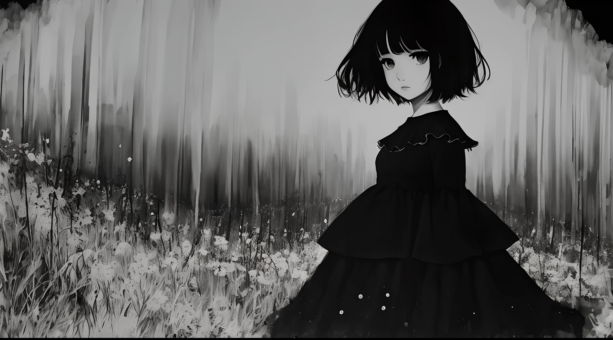 Sad girl, wearing dress, ​masterpiece, Illustration,  in the darkness nigth, black and white