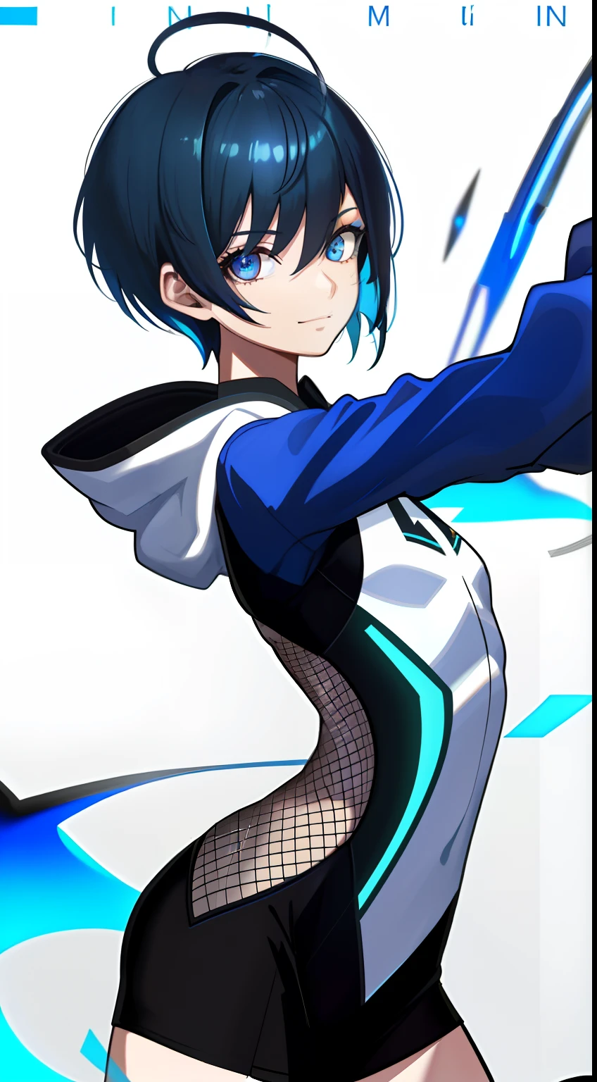 Colorful, High quality, sharp, autofocus, Looking at Viewer, 1girl in, Cool, Handsome, Blue eyes, Evil smile, Blue and black mesh hair, short-cut, a pixie cut, hair over eyes, hair between eye, Wearing a white hoodie, full bodyesbian, ((with a pure white background)), Cinematic, Particle Light, Best Shadow, Ray Tracking, Extremely detailed、neuter, (small tits), ​masterpiece, Man's, Flat breasts, (frontal-view)