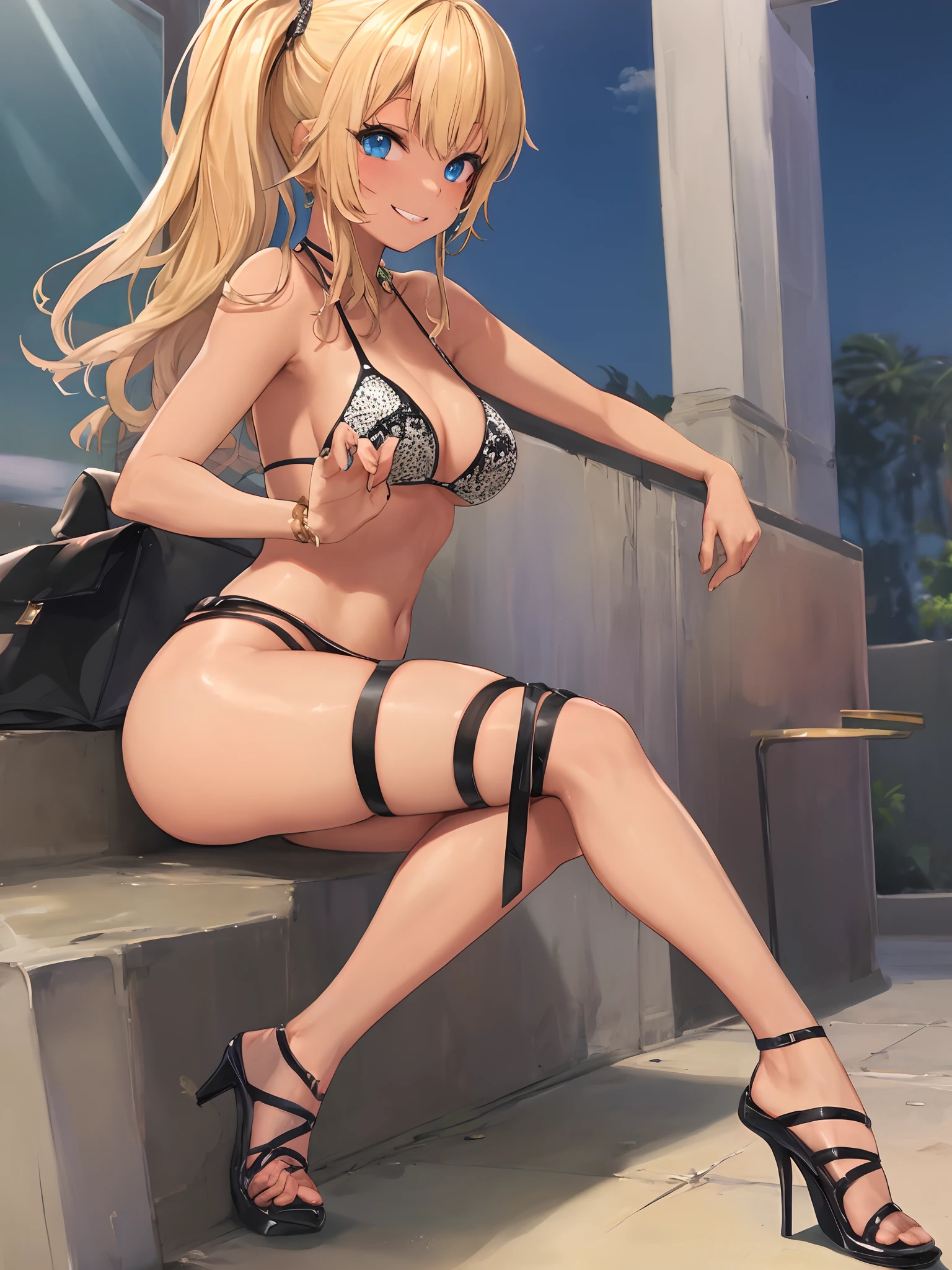 Gyaru girl with blonde hair and blue eyes tan skin and a smile and High Heels and Bikini