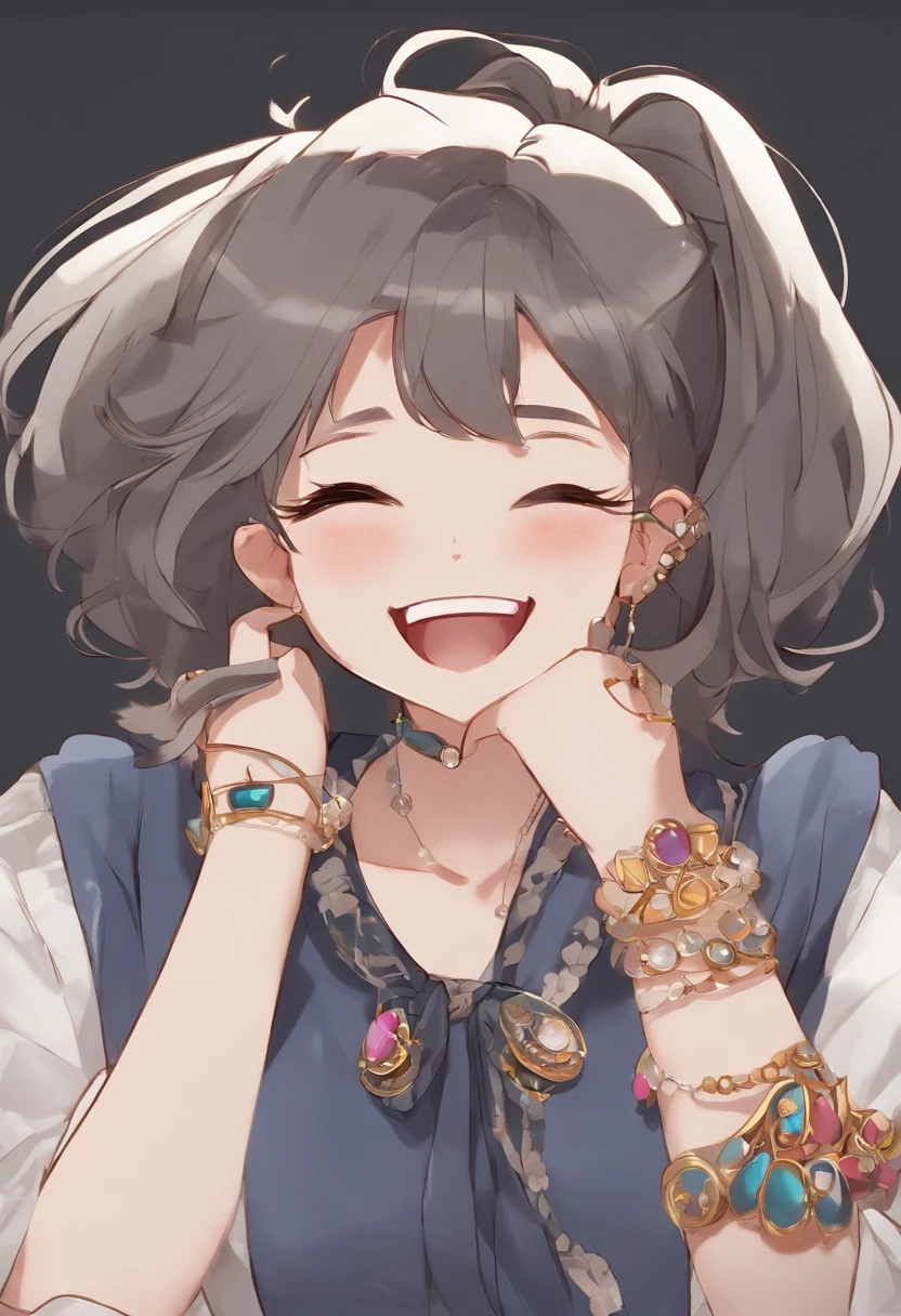 Multiple poses of jewelry craftsmen(laugh、crying how bright、get angry、be bothered)。anime styled、Dark gray background、Draw only the upper body of a colorful character。Hairstyle well depicted。Solid depiction of fingers。uninterrupted