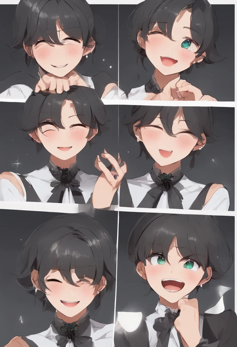 Multiple poses of jewelry craftsmen(laugh、crying how bright、get angry、be bothered)。anime styled、Dark gray background、Draw only the upper body of a colorful character。Hairstyle well depicted。Solid depiction of fingers。uninterrupted