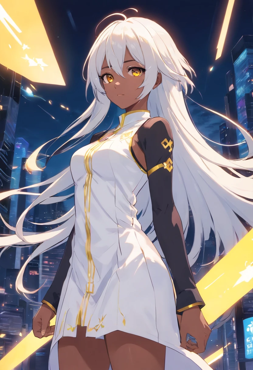 Black anime girl with long white hair in a white outfit, gelbe Augen, mit einem Schwert, Impatischer Genshin-Stil