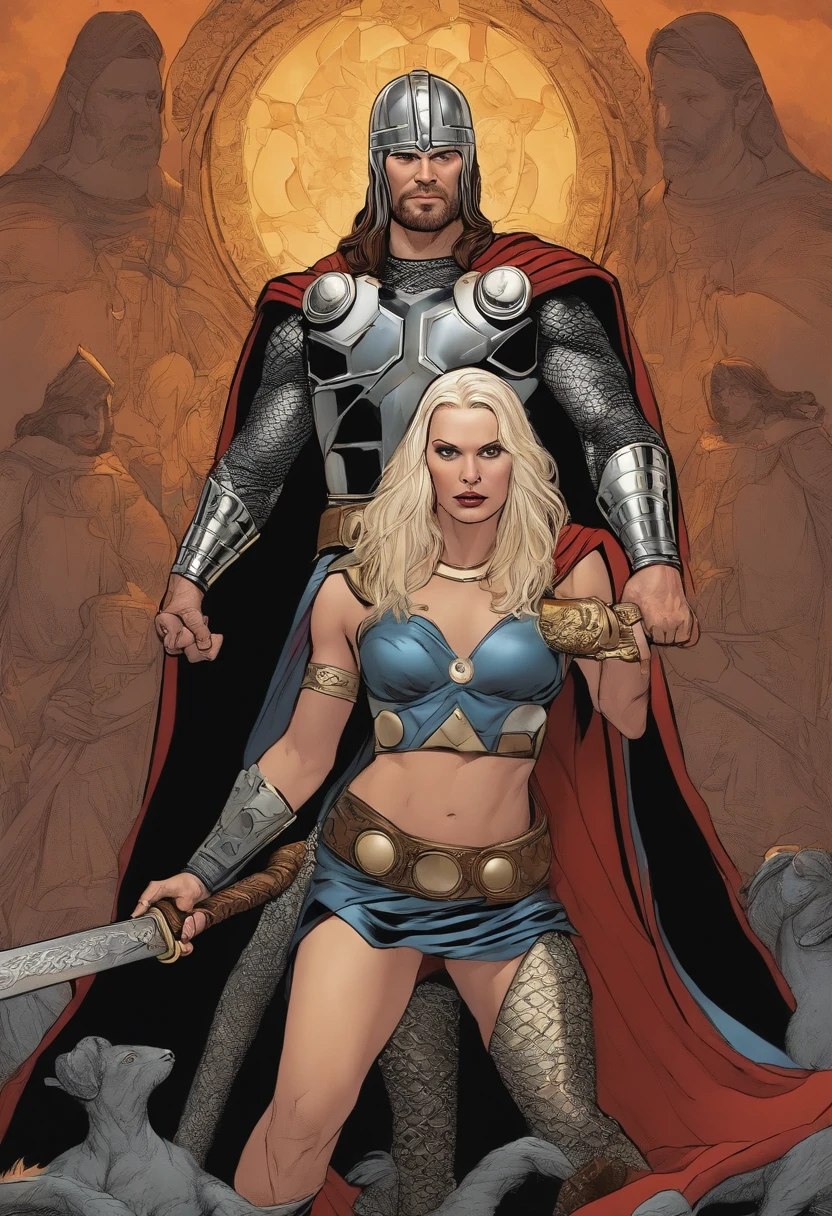 Serious Thor, holding his mjolnir in front of an 8-armed nun.