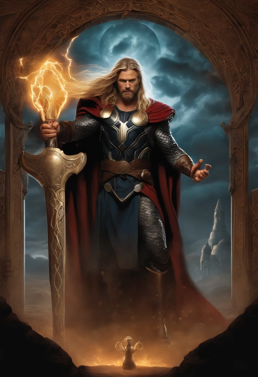 Serious Thor, holding his mjolnir in front of an 8-armed nun.