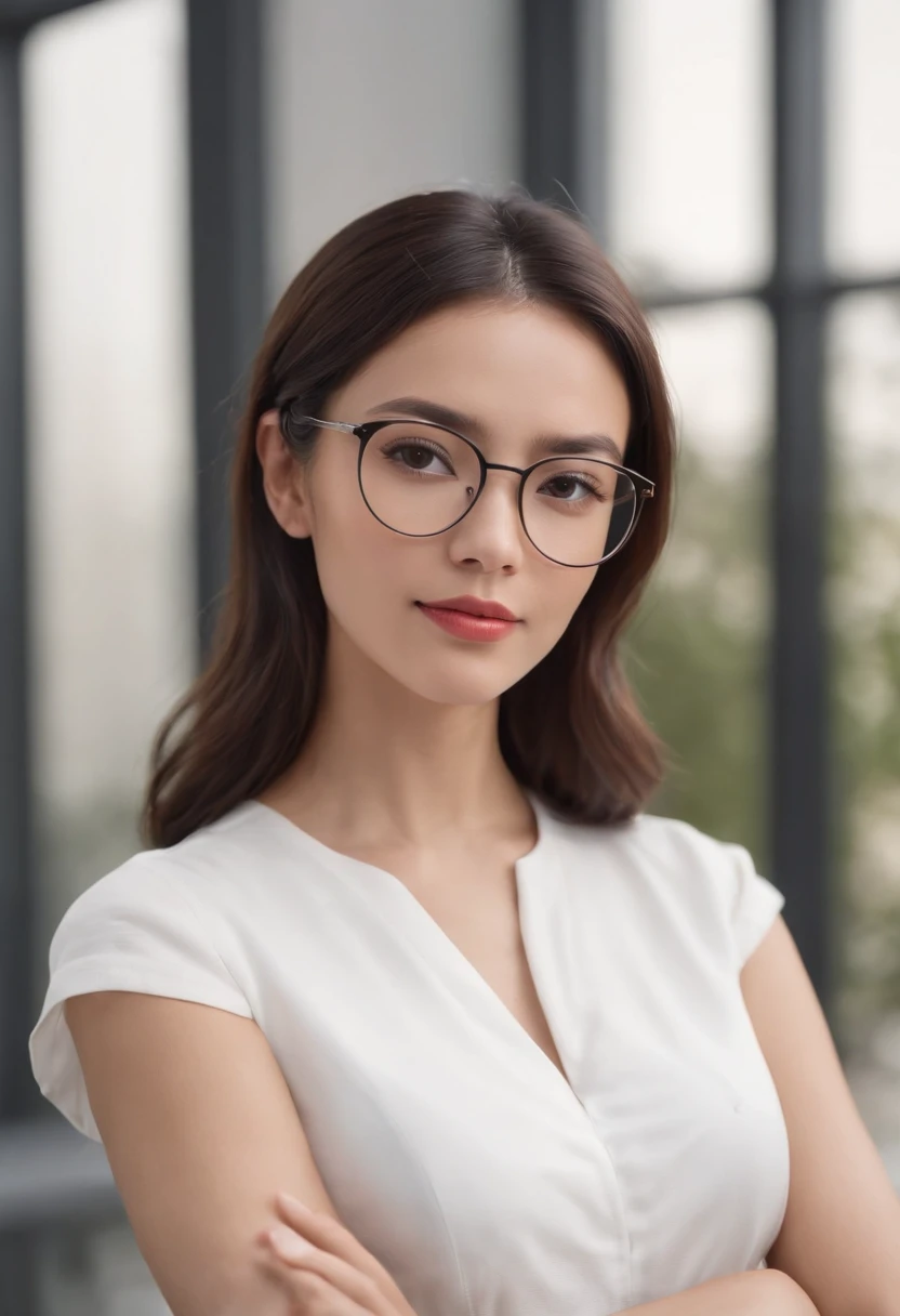 25-year-old mixed-race female professional image, Wear a white shirt and hip wrap skirt,wears glasses,Professional profile photo, posing with crossed arms, professional picture, professional profile picture, photograph of a woman, Business woman, lecturer, Black hair, Slim body, 8K high-definition
