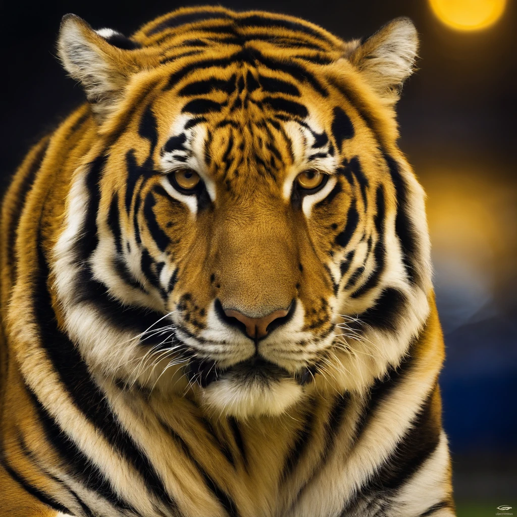 Obra maestra, tigre, Mascot of the Tigres football team, musculoso, parado en 2 patas, Sportswear of the Tigres team of the Mexican National Team, football stadium UANL nuevo león san Nicolás, alumbrado, fuegos artificiales, noche, highest qualityr