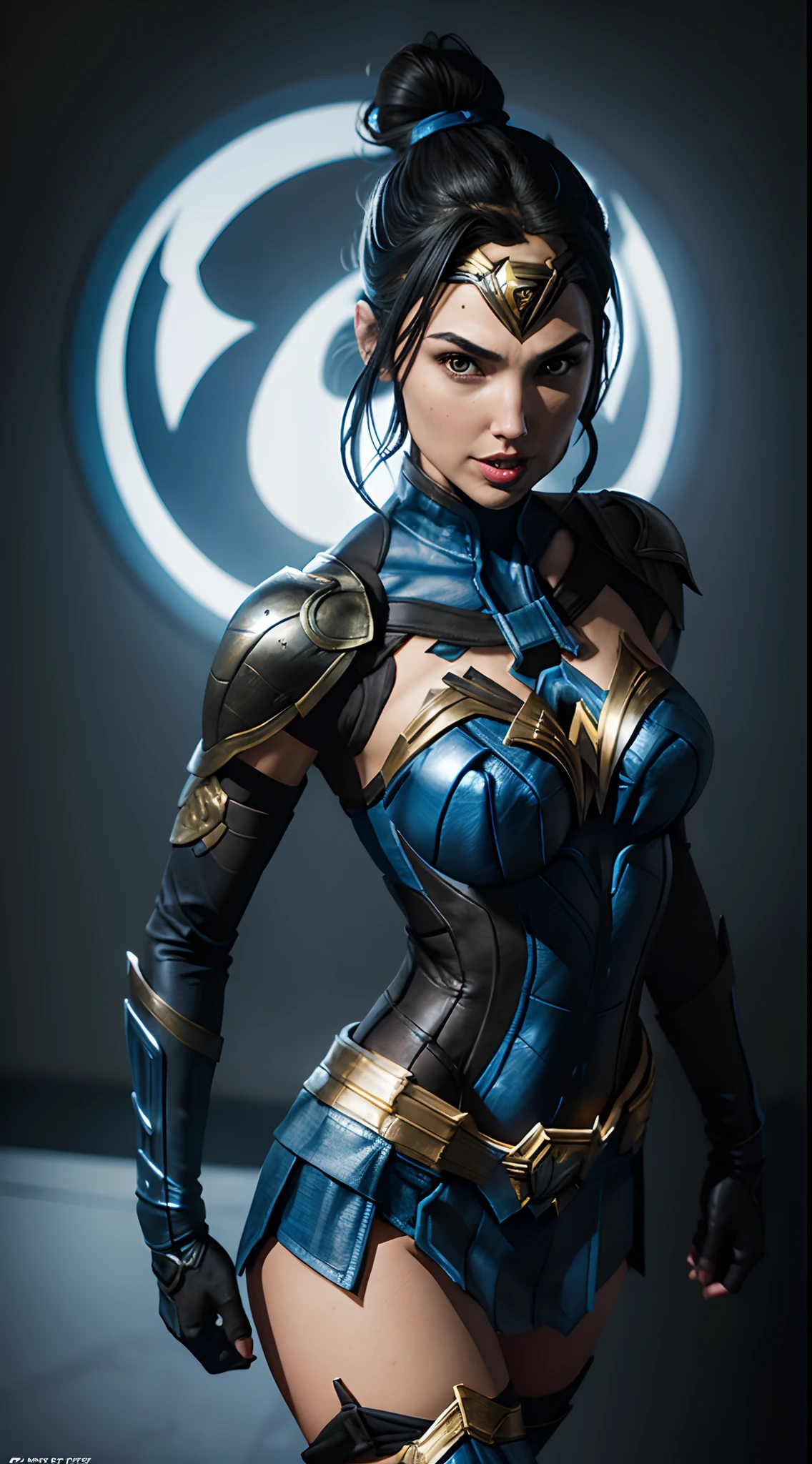 actess ((Gal Gadot)) as Kitana from Mortal Kombat, wields fans, blue-and-black revealing bodysuit, blue stockings, blue ninja mask, high heels, (intricate hair bun), intricate, high detail, sharp focus, dramatic, photorealistic painting art by greg rutkowski